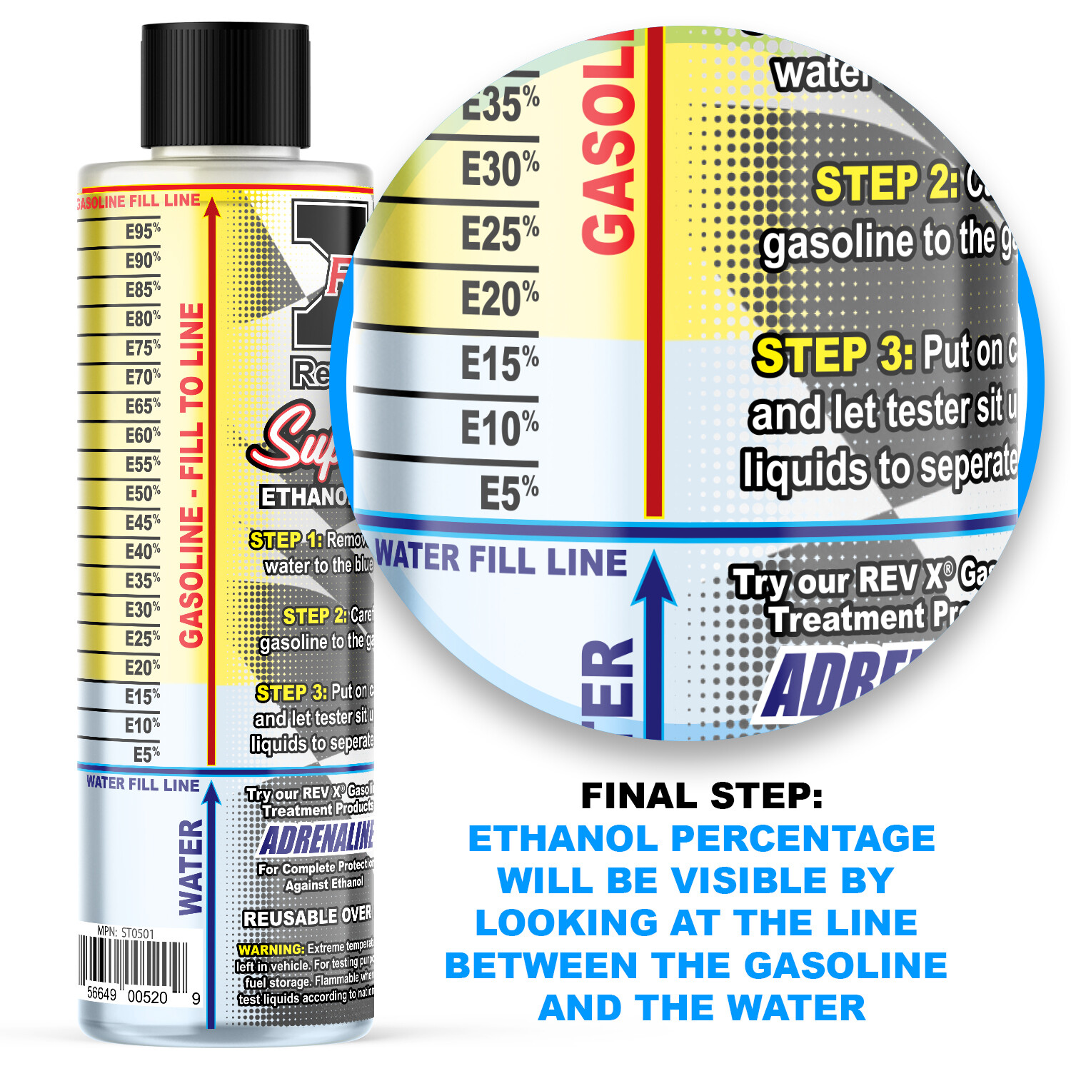 REV X E85 Super Tester Ethanol Test Bottle - Tests E0% - E100% - Easy to Use Kit