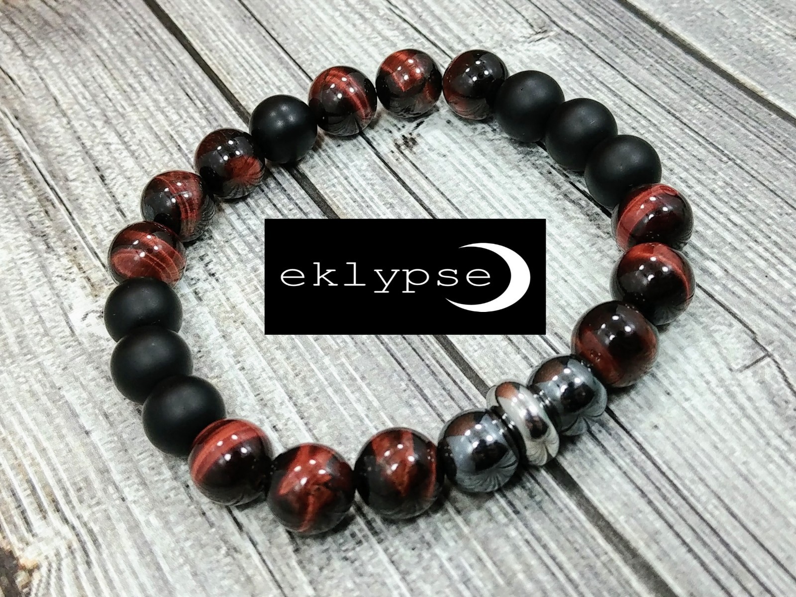 8"L STAINLESS STEEL 10mm Tigers Eye+Hematite+Onyx Gemstone Beaded Men's Bracelet