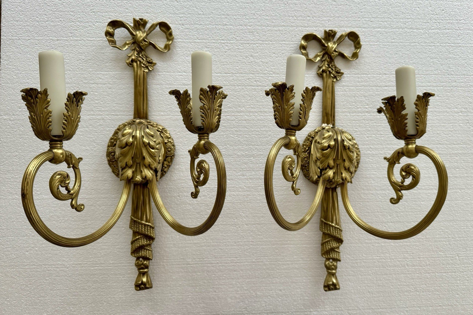 PAIR Antique French Gilt Brass Rope Bow Tassels Wall Sconce 2 Light Candelabras