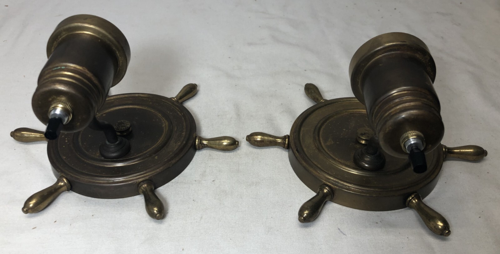 Vtg Nautical Wall Sconce Pair Ship Wheel Brass Light Fixture Art Wired USA #i30