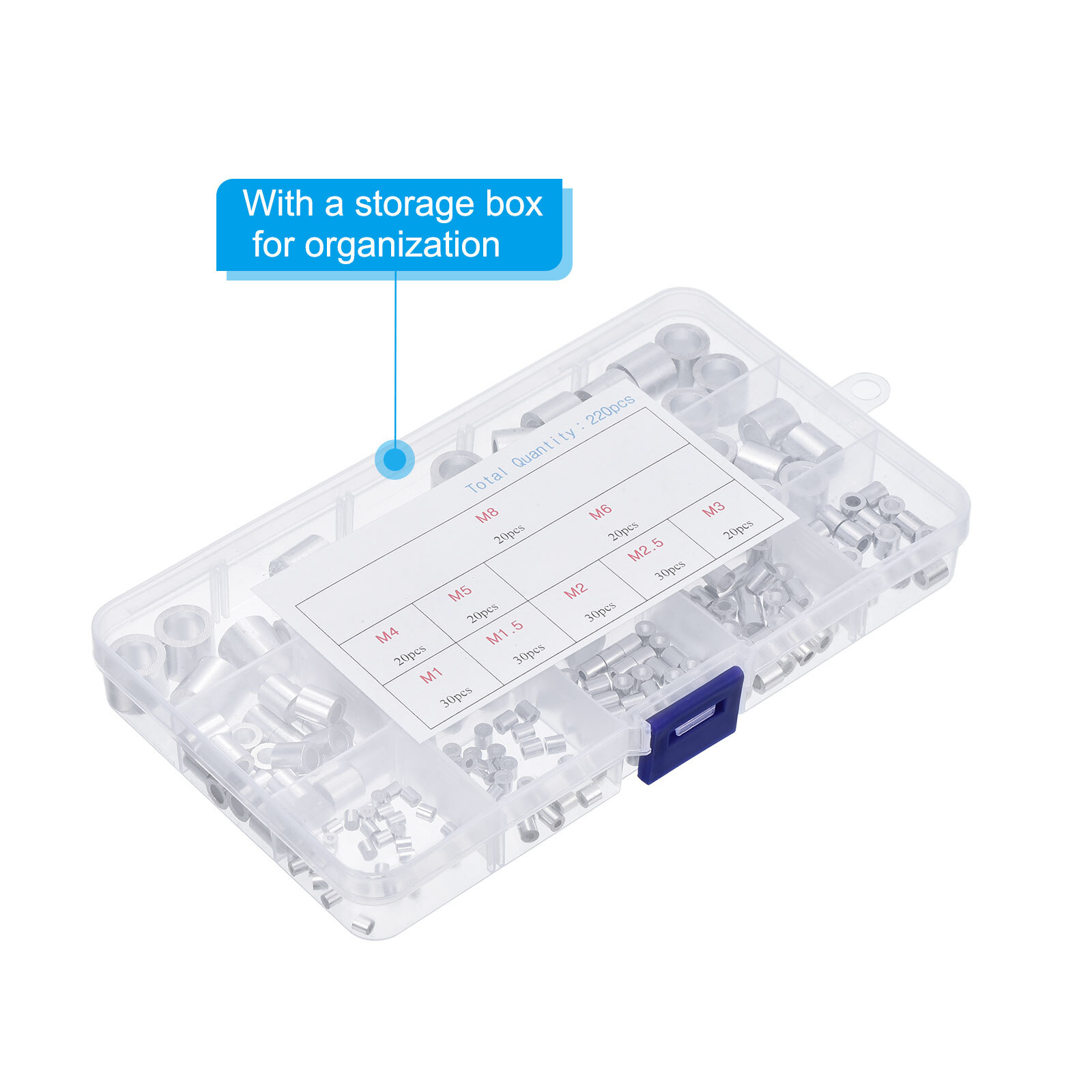 220pcs Aluminum Crimping Wire Rope Stop Sleeve 9 Size 3/64"-5/16" Round Ferrule