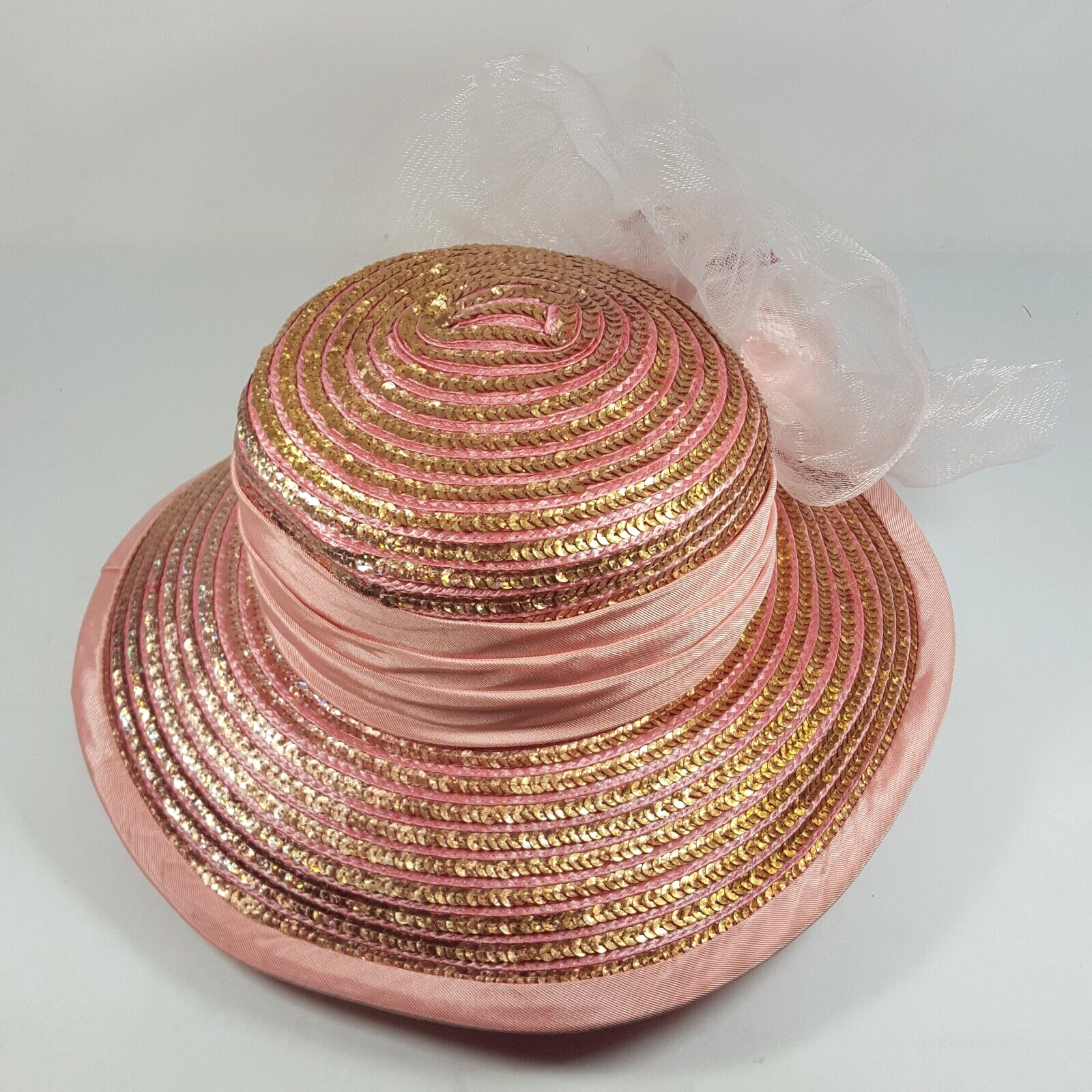 Vintage Whittall Shon Womens Cartwheel Sun Hat Pink Gold Floral Flower Sequin