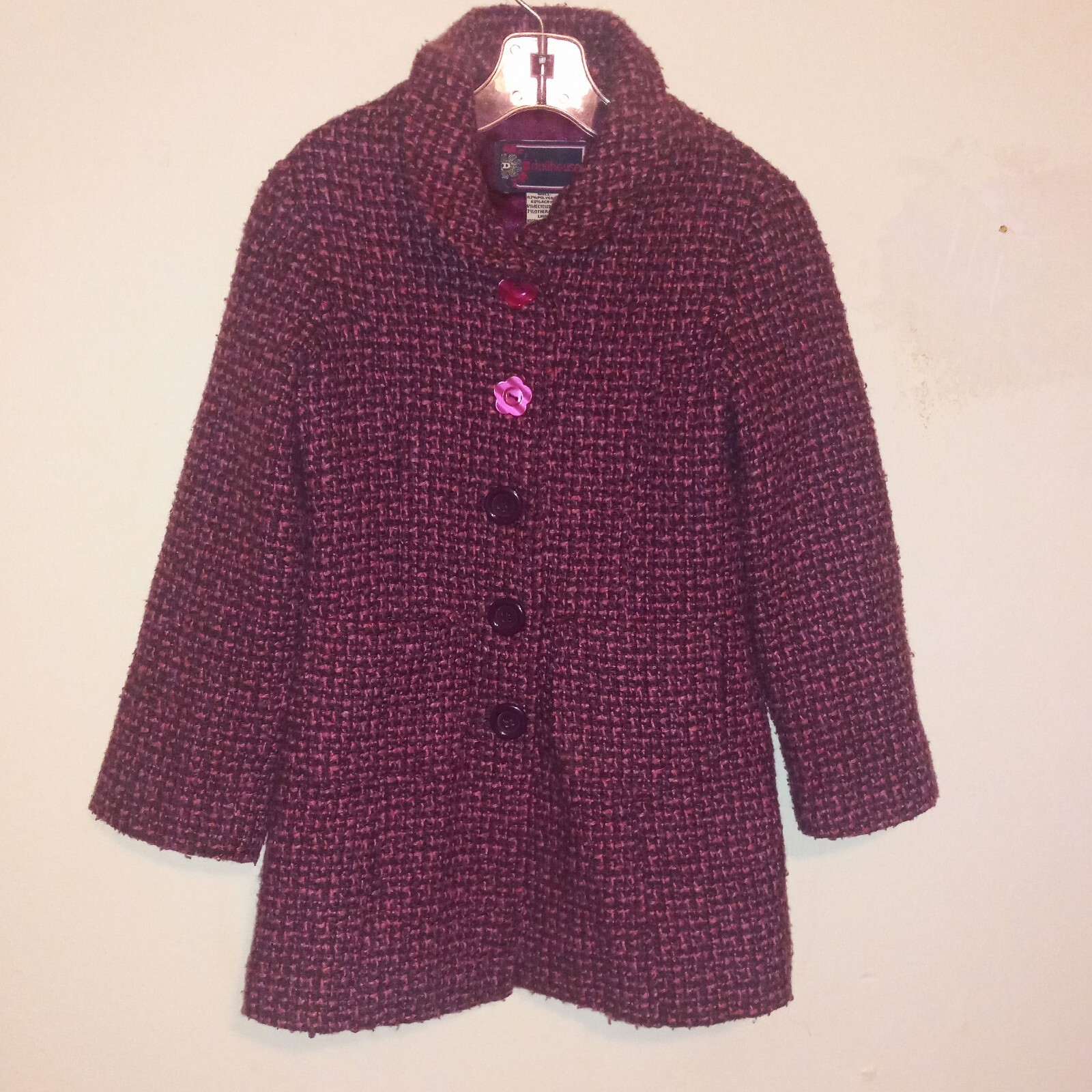 Dollhouse Pink Single Breasted Tweed Peacoat-Size XS-Pockets-Lined-Flower Button