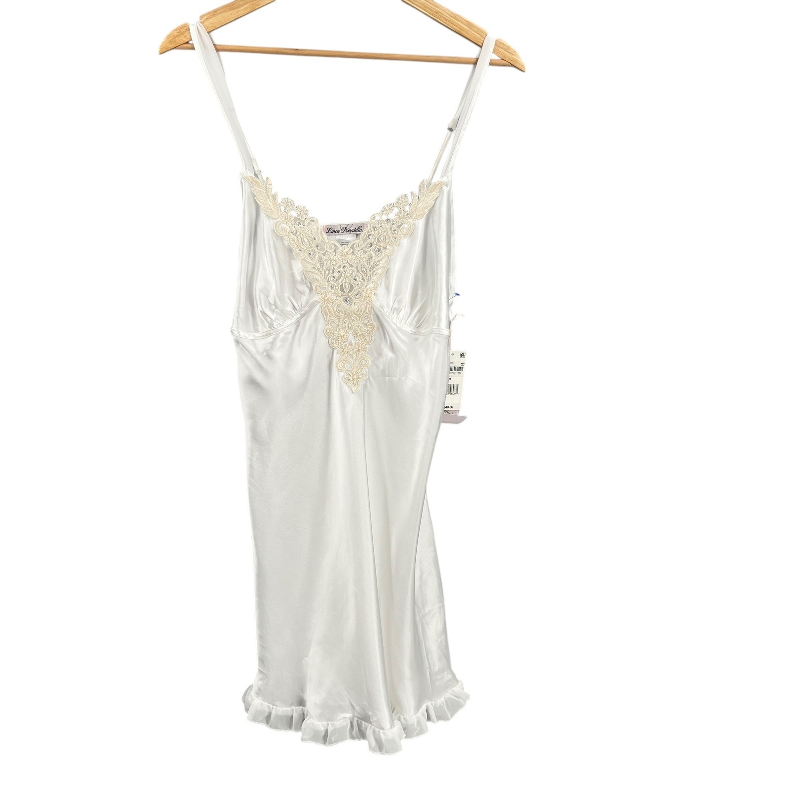 Linea Donatella White Satin Slip Nightgown Lace Beaded Bridal Size M New