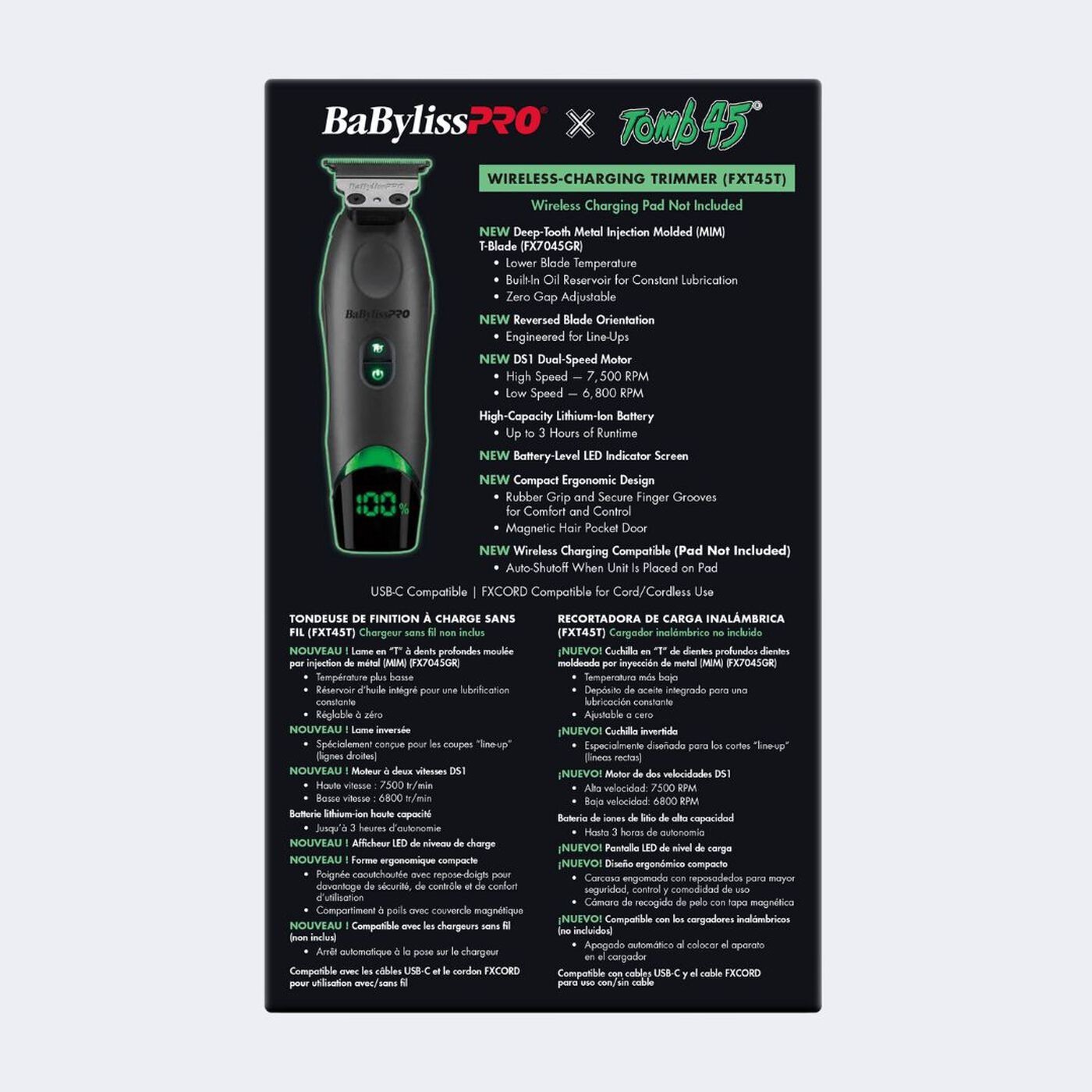 Babyliss Pro X Tomb45 Black Green Wireless Charging Clipper Trimmer +2 Pads