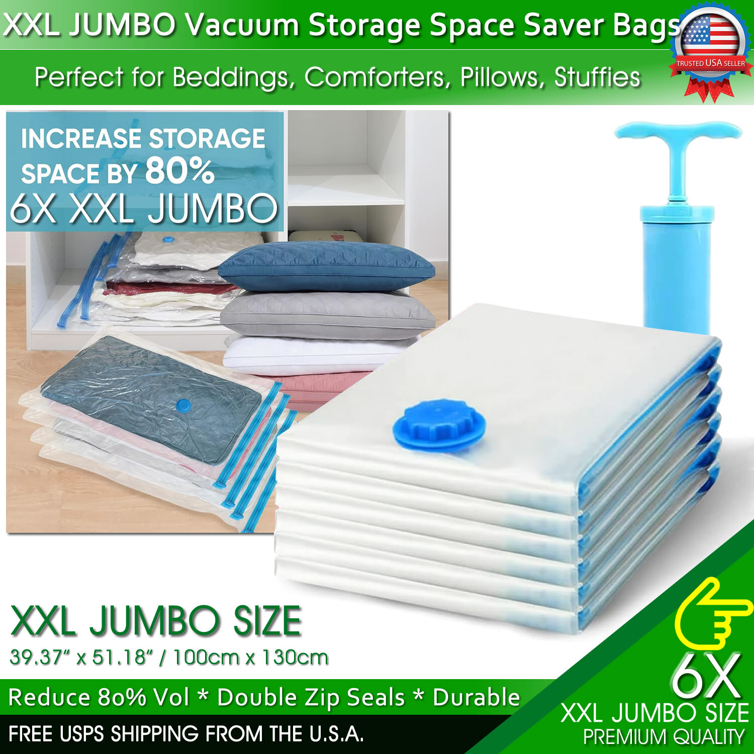 XXL Jumbo Vacuum Storage Bags Comforters Bedding Clothes Space Saver Hand Pump