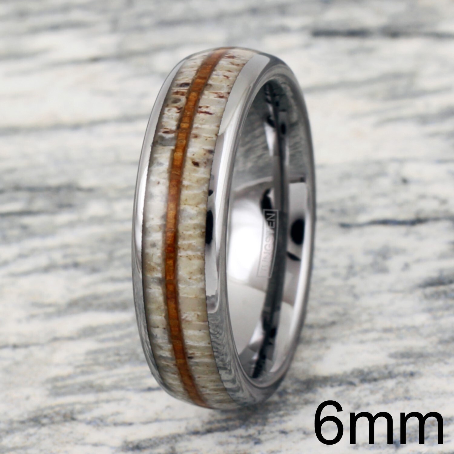 Engraved 8mm Tungsten Men's Deer Antler Hawaiian Koa Wood Wedding Band Ring