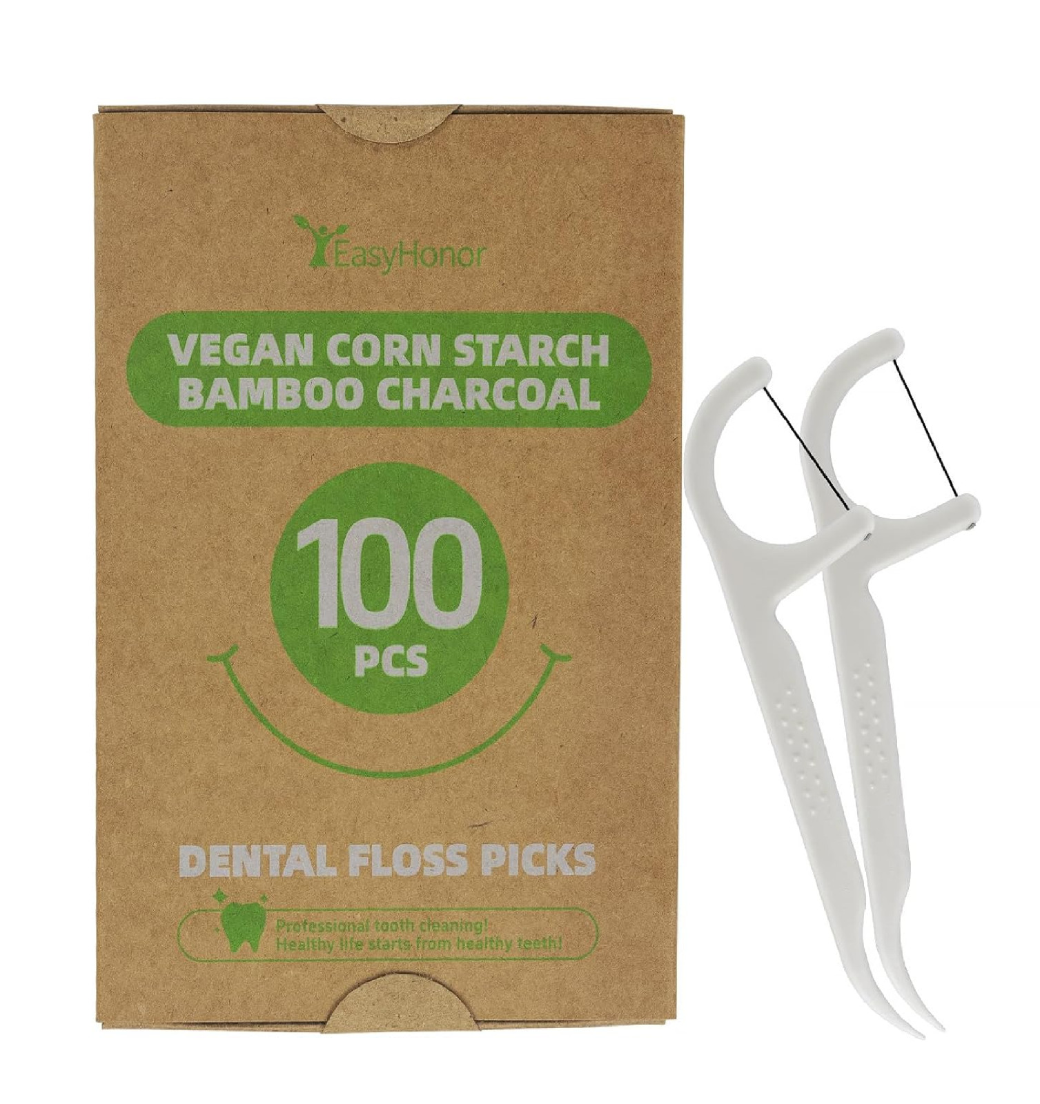 EasyHonor Organic Dental Floss Picks - Natural Biodegradable Floss Sticks with S