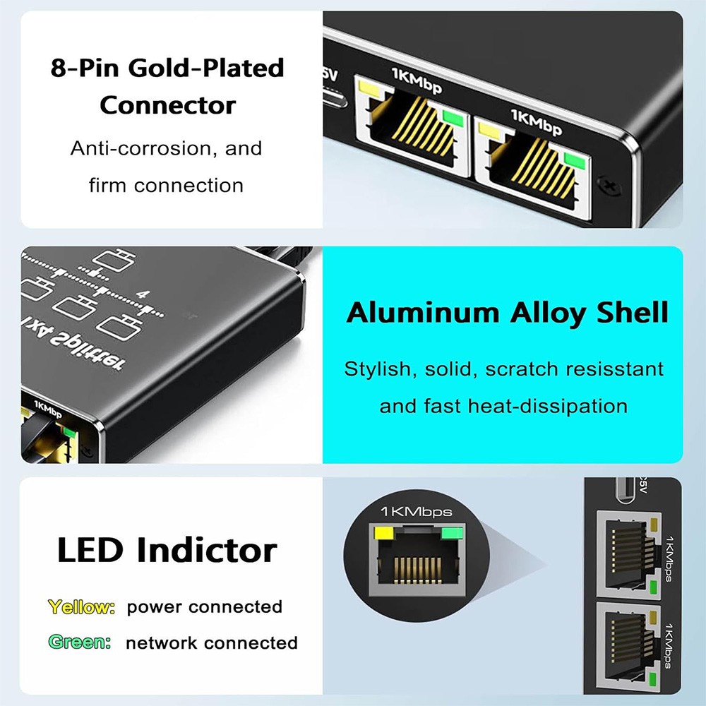 RJ45 Gigabit Ethernet Splitter 1000Mbps LAN Network Internet 1 to 4 Out Adapter