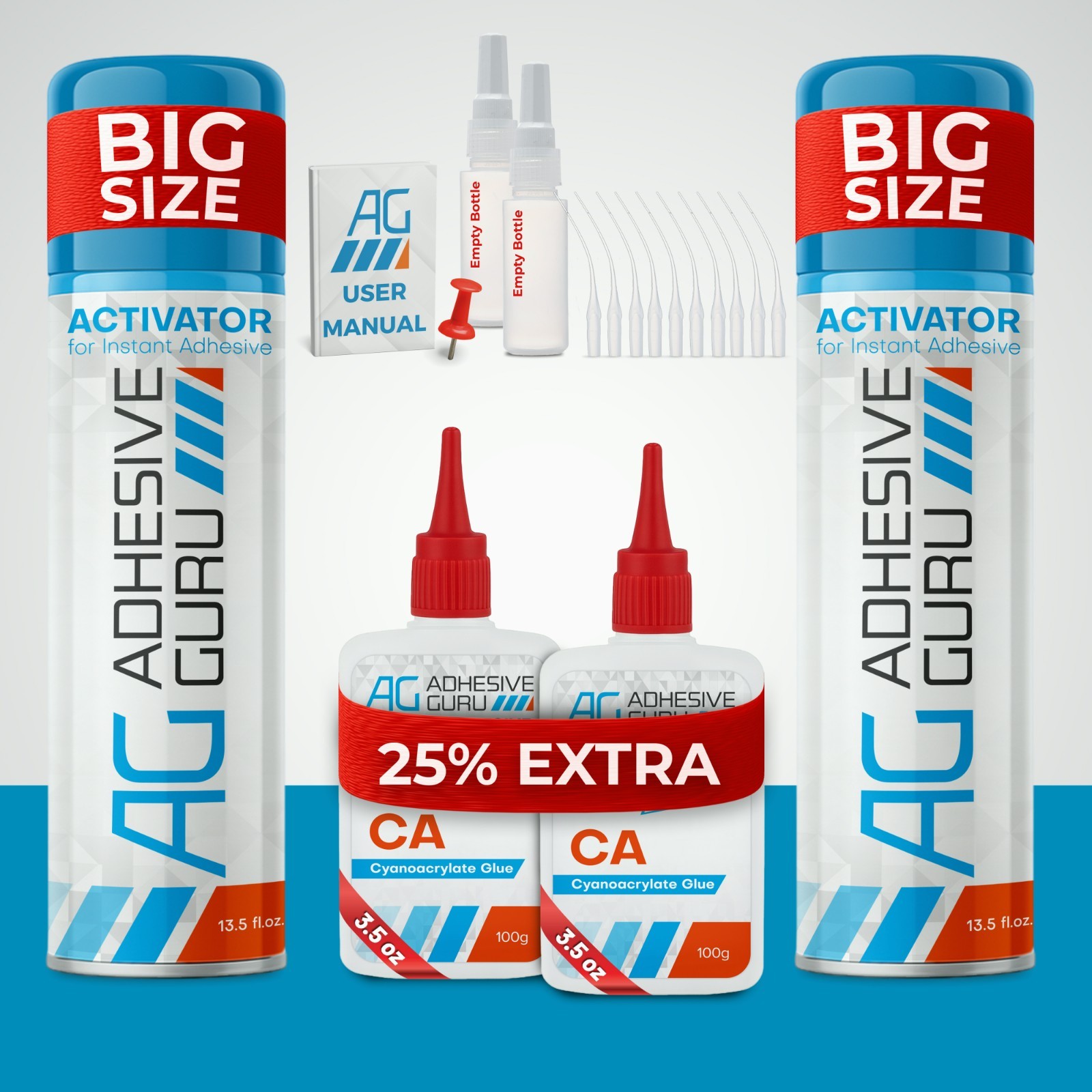 Adhesive Guru Super Ca Glue with Activator (2x3.5 oz-2x13.5 floz) 2 Pk