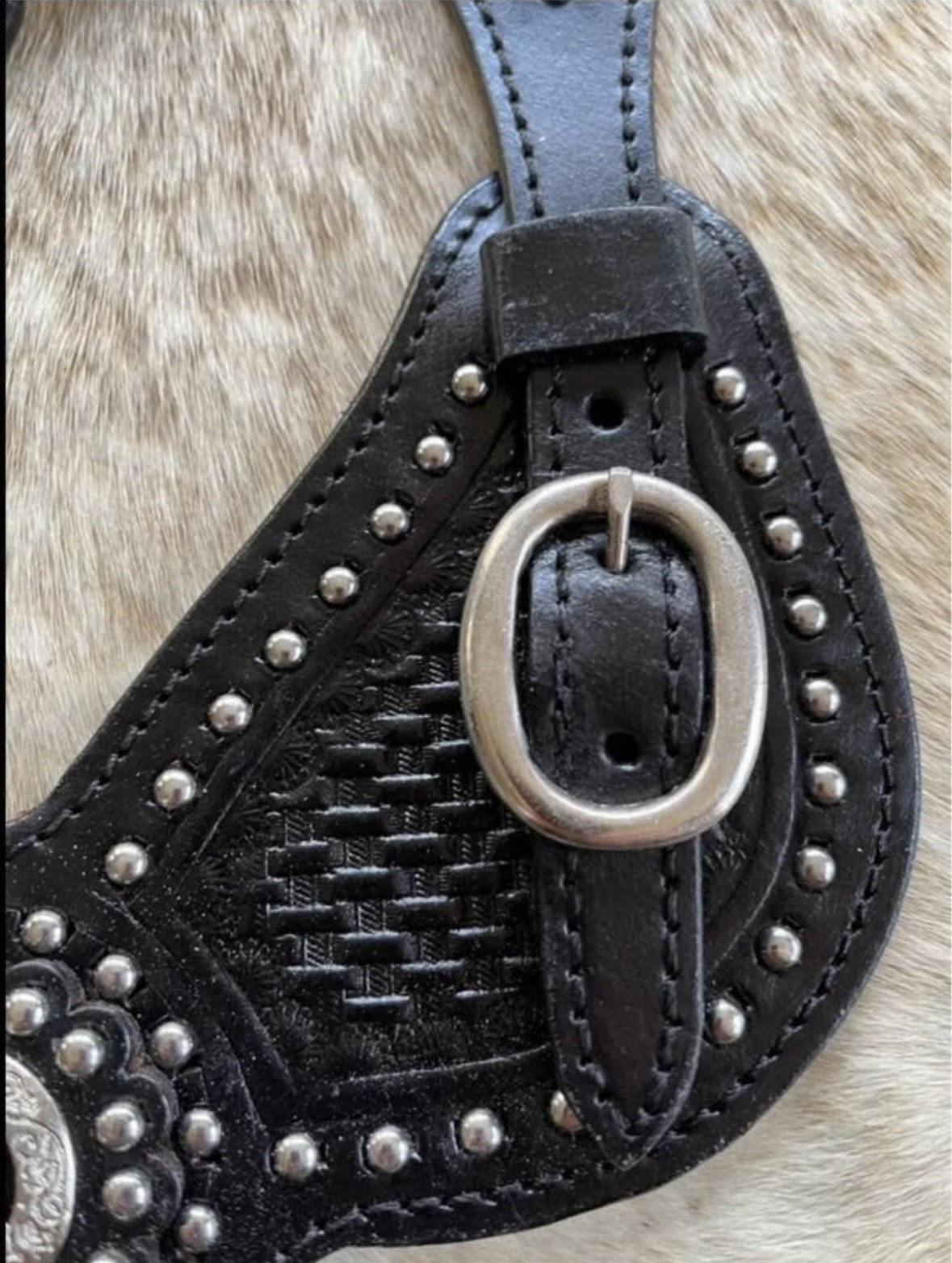 MENS Basketweave Tooled Leather Western Pair of Spur Straps Texas Star Conchos