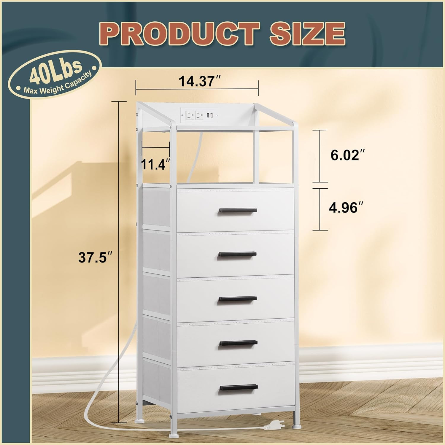 Nightstand 5 Drawer Dresser with LED Lights and Charging Station, Vertical Side