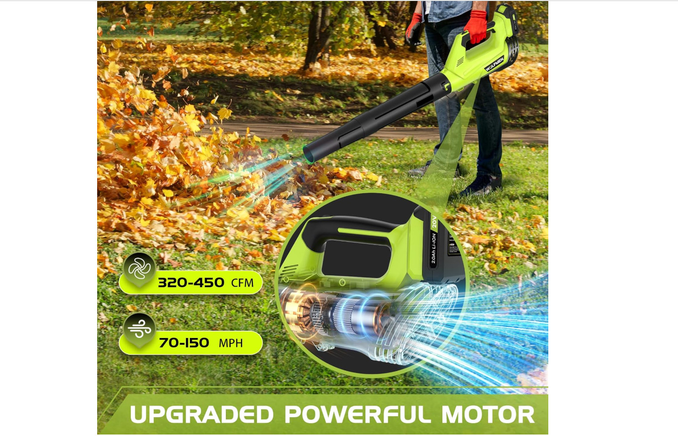 Leaf Blower, Electric Cordless Blower with 2 Batteries and A-Green