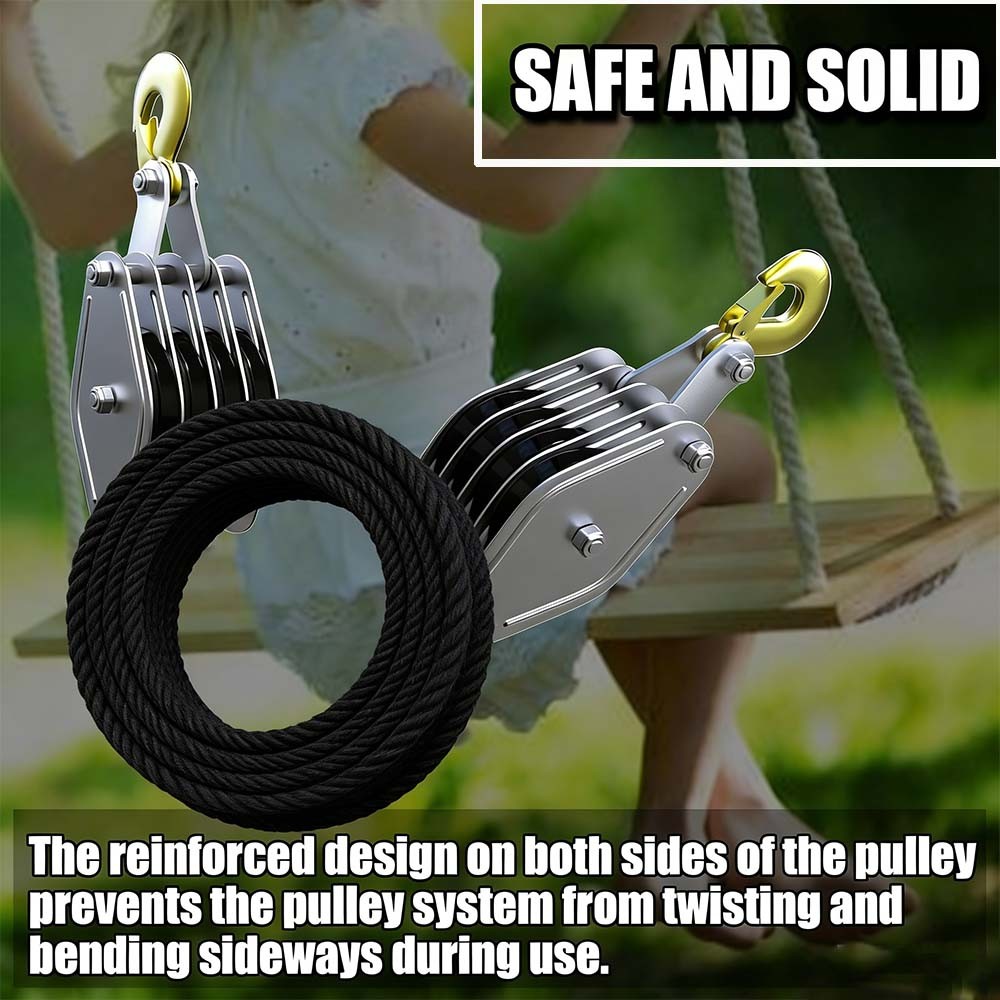 Rope Hoist Pulley System 4400LB Block and Tackle Pulley System 8:1 Lifting Black
