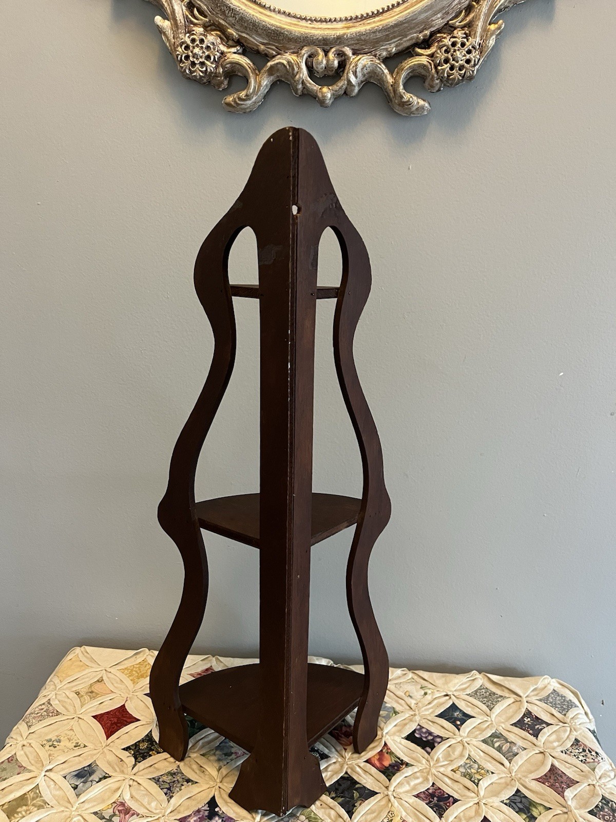 Antique Dark Wood 3 Tier Hanging Corner Shelf 20 Inches Tall