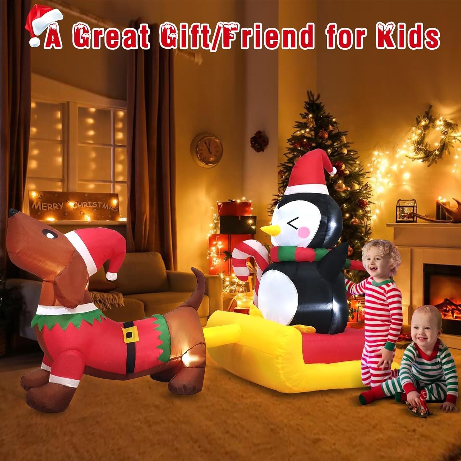 Festive 6 FT Inflatable Dog Sleigh with Penguin - LED Illuminated Holiday Charm