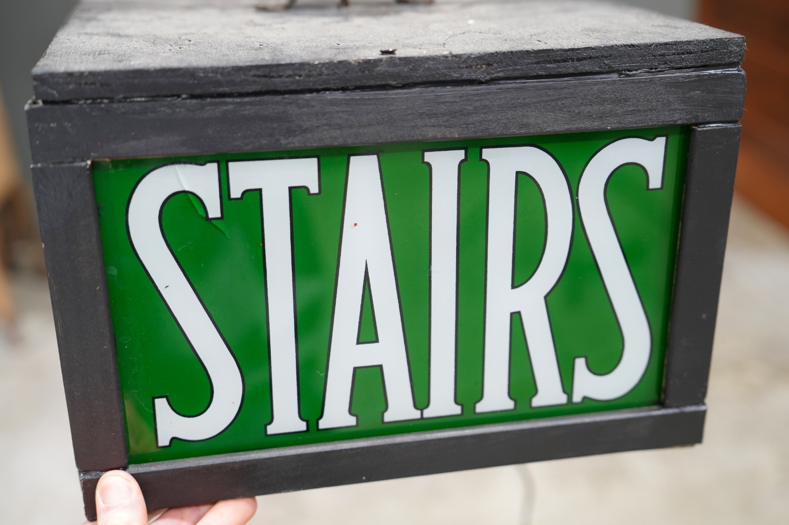 Vintage Stairs Lighted Sign Reverse Painted Glass Green Exit Light Stairway