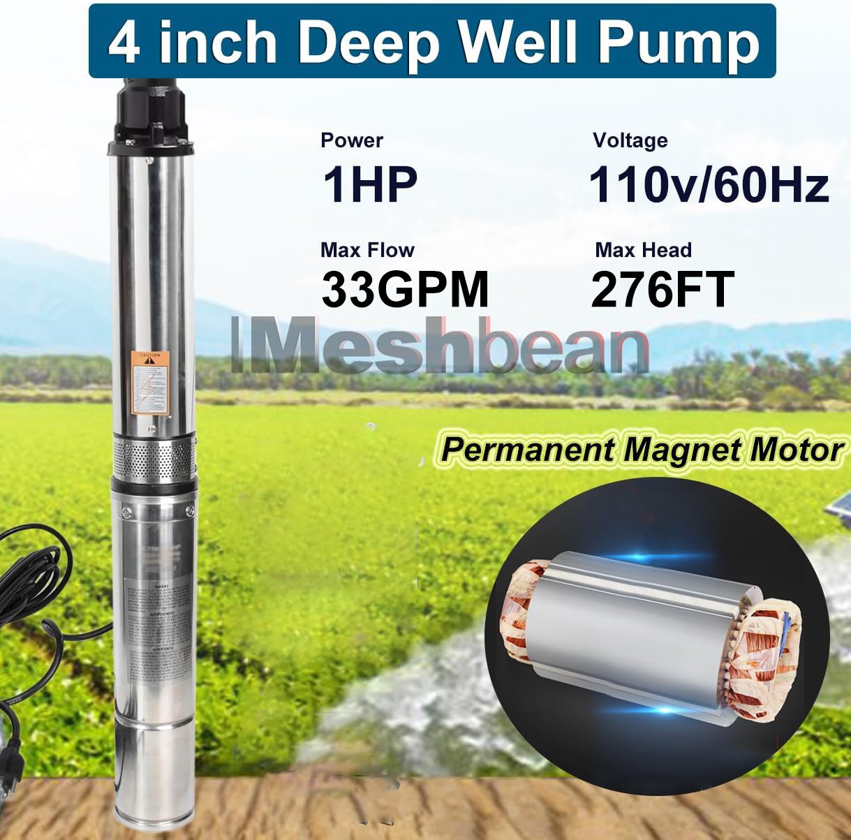 4'' Deep Well Submersible Pump 1 HP 115V 33GPM 276ft Stainless Steel 100ft Cord