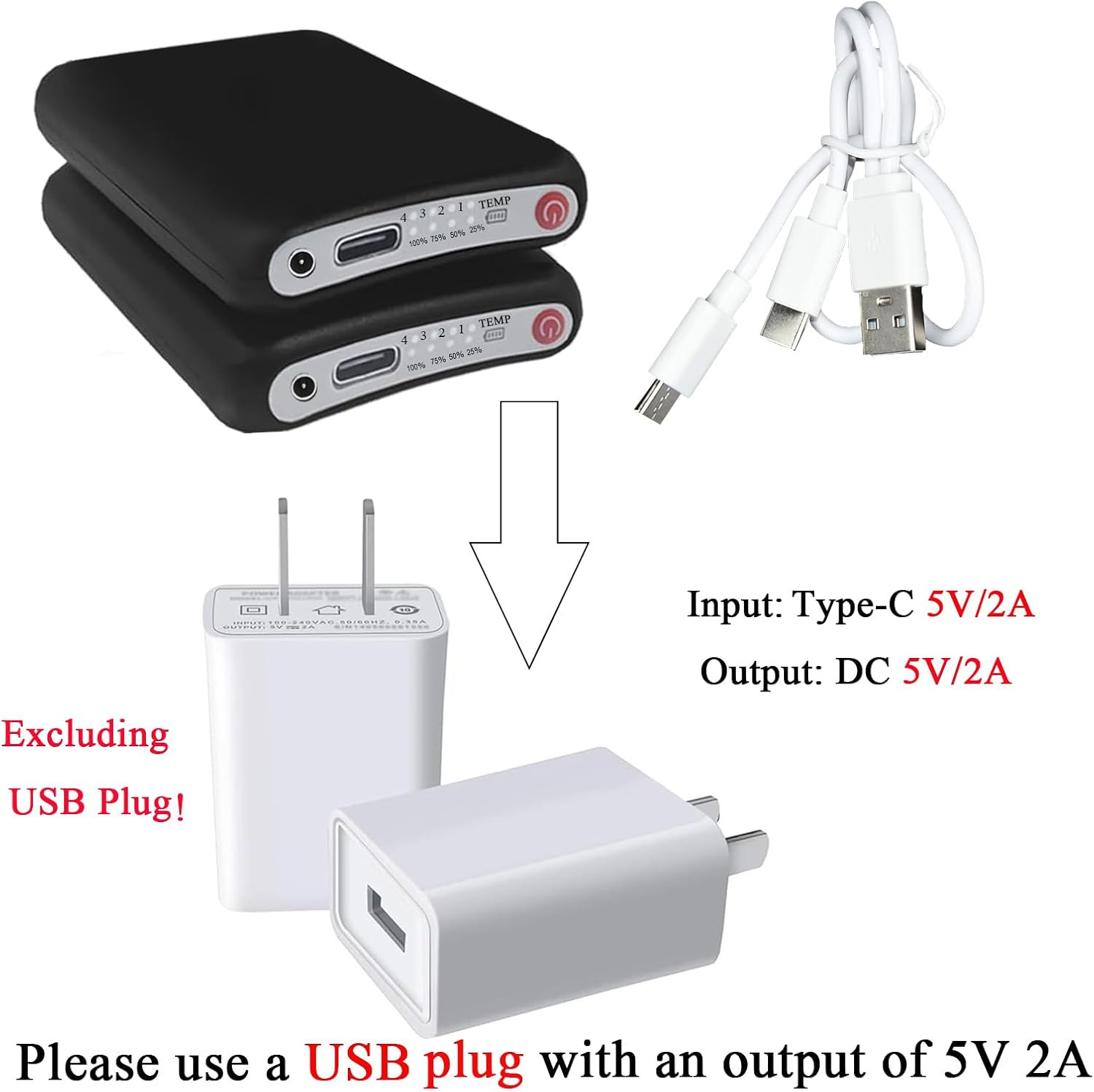 2Pack 5V 5000Mah Li-Polymer Rechargeable Batteries for Heated Socks with DC Port
