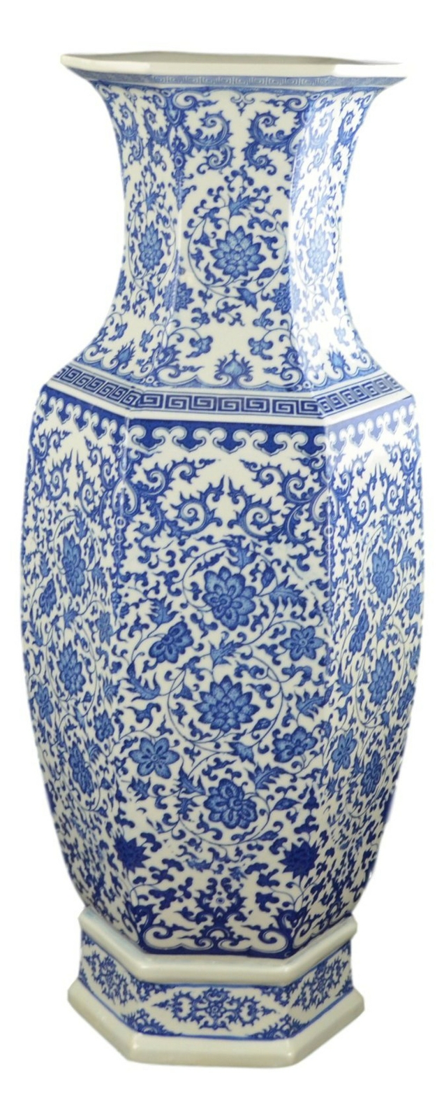 Festcool 24" Classic Blue and White Hexagonal Lotus Porcelain Vase, Ceramic V...