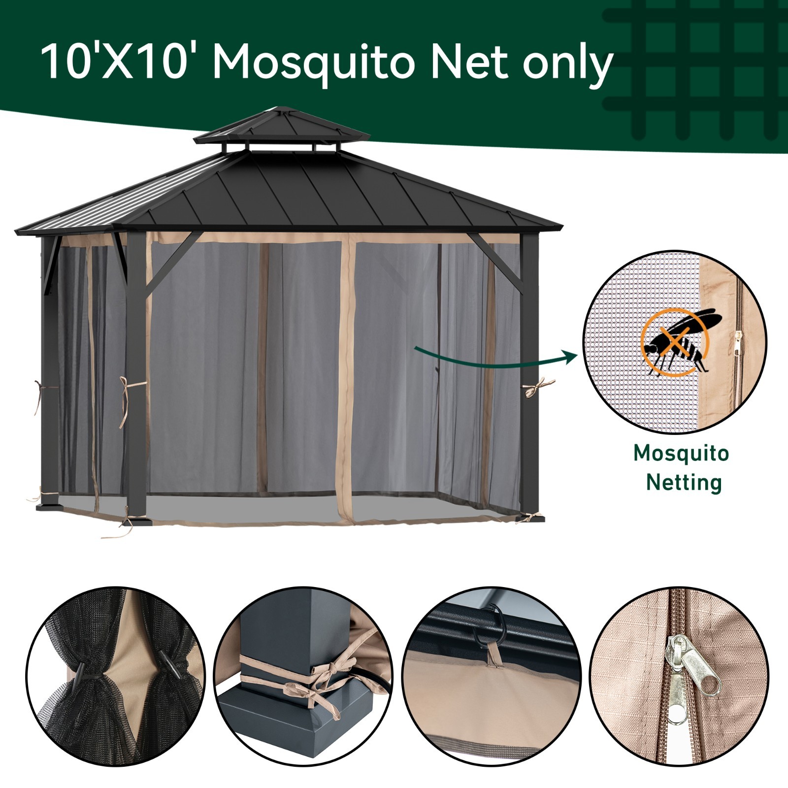 Universal Gazebo Mosquito Netting Replacement 4/6-Panel Sidewalls for Patio
