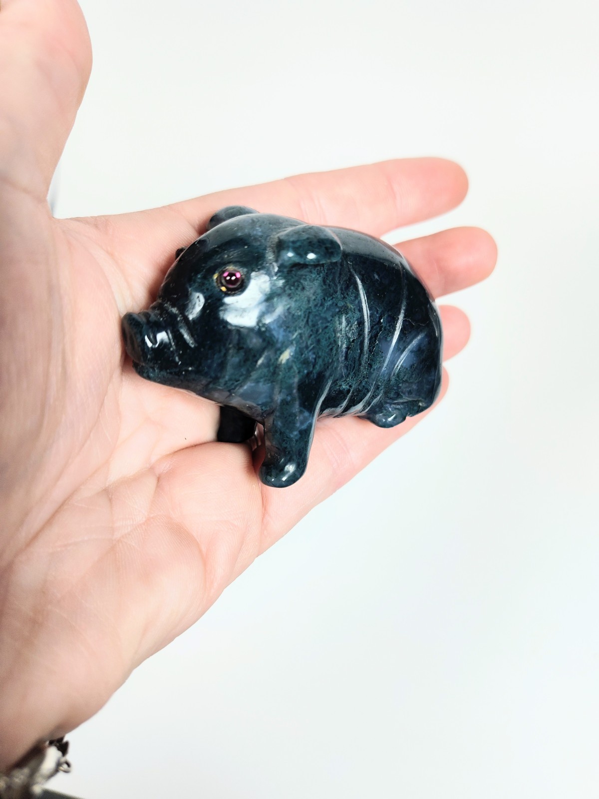 Antique 1920s Hand-Carved Blue-Green Aventurine Pig with Bezel-Set Garnet Eyes