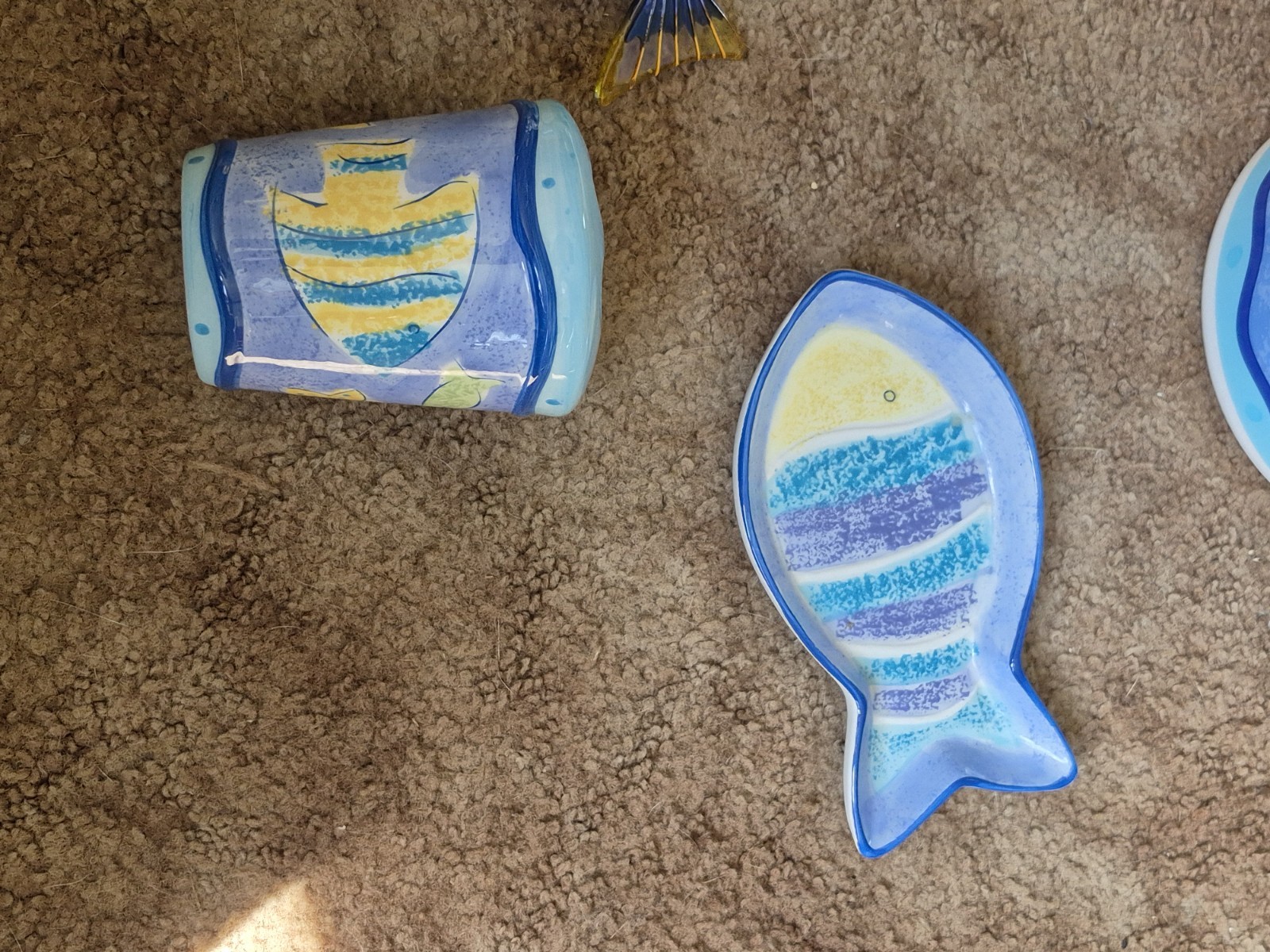 Fish Theme 7pc Bath Bathroom Set Ceramic Soap Dish ToothBrush Hold Cup Trash Can