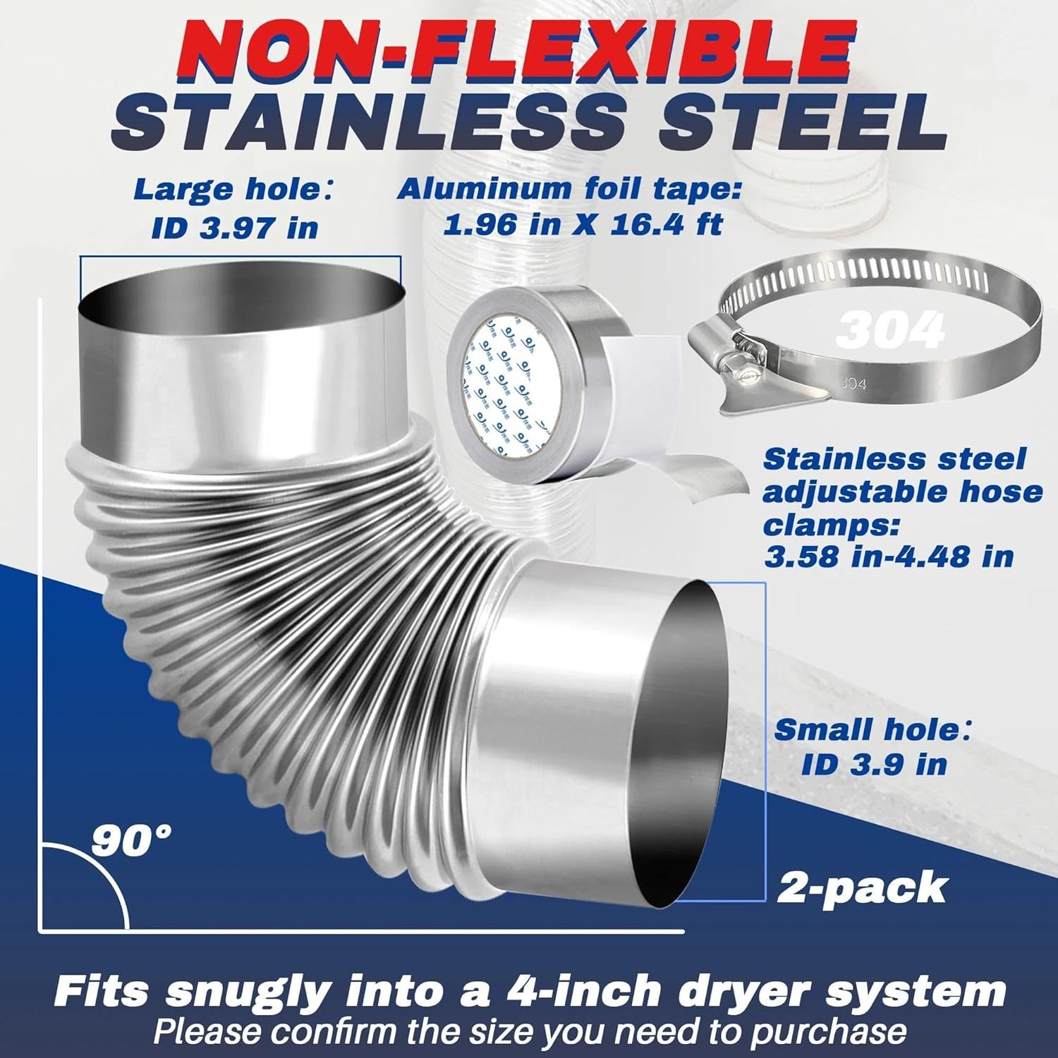 2 Pack 4" OD 3.97" ID 90 Degree Dryer Vent Elbow