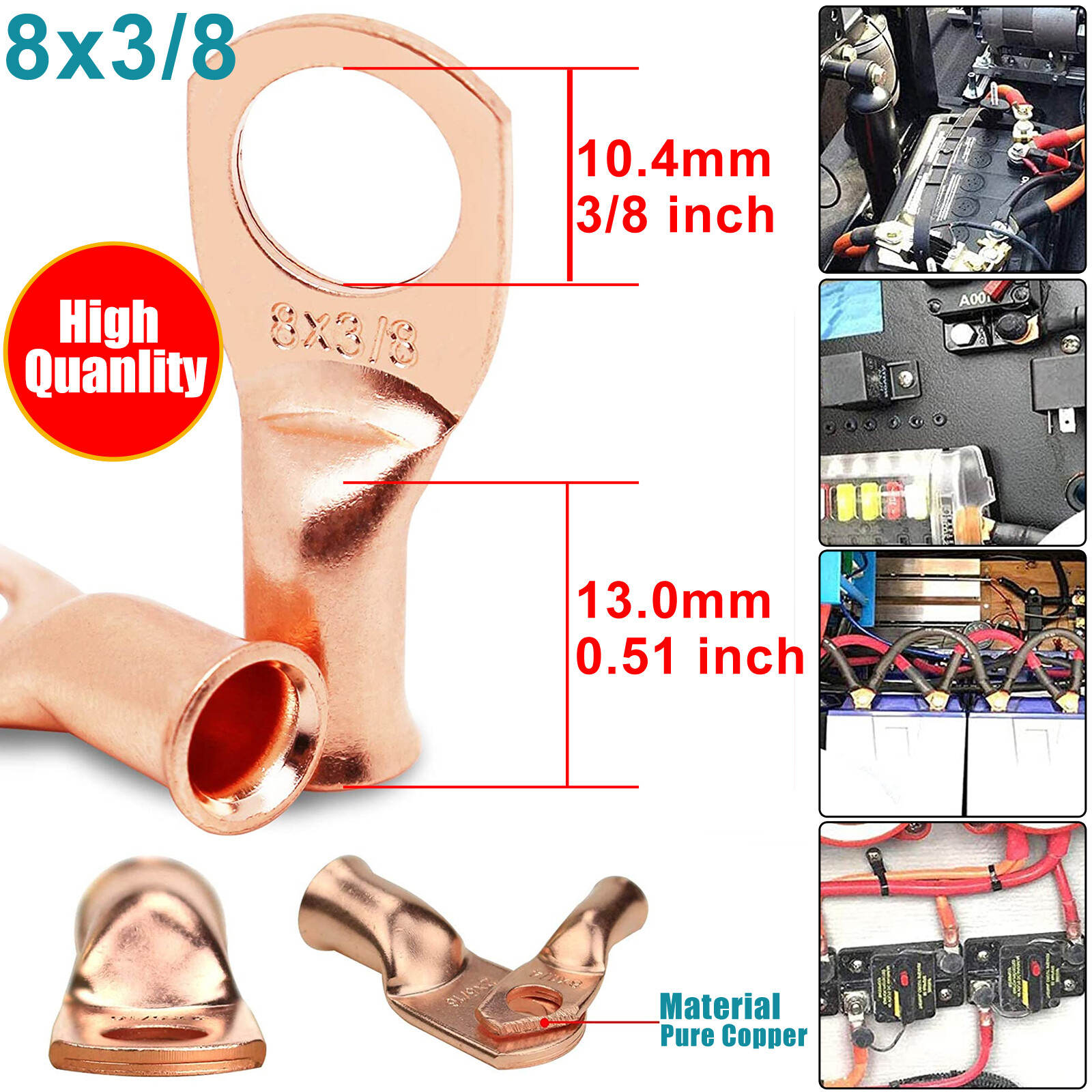 Bare Copper Cable Wire Lugs Ring Terminals 8-4/0 AWG Battery Wire Welding Cable