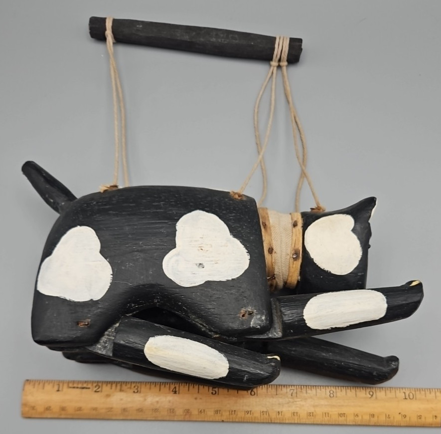 Vintage Black and White Folk Art Cat Marionette, 9" X 8.75", 15" W/Handle