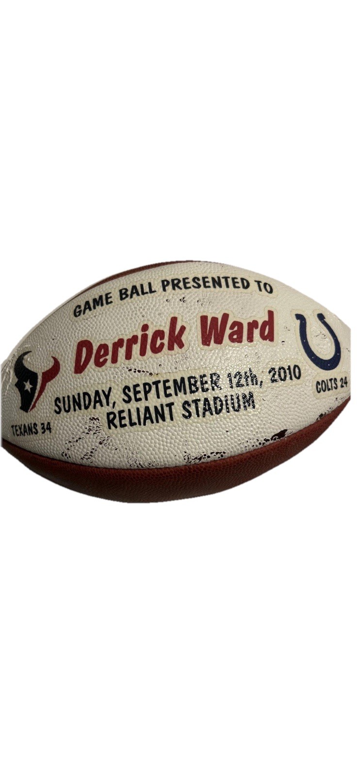 NFL Game Used Football Derrick Ward Texans vs Colts 9/12/2010 Wilson The Duke
