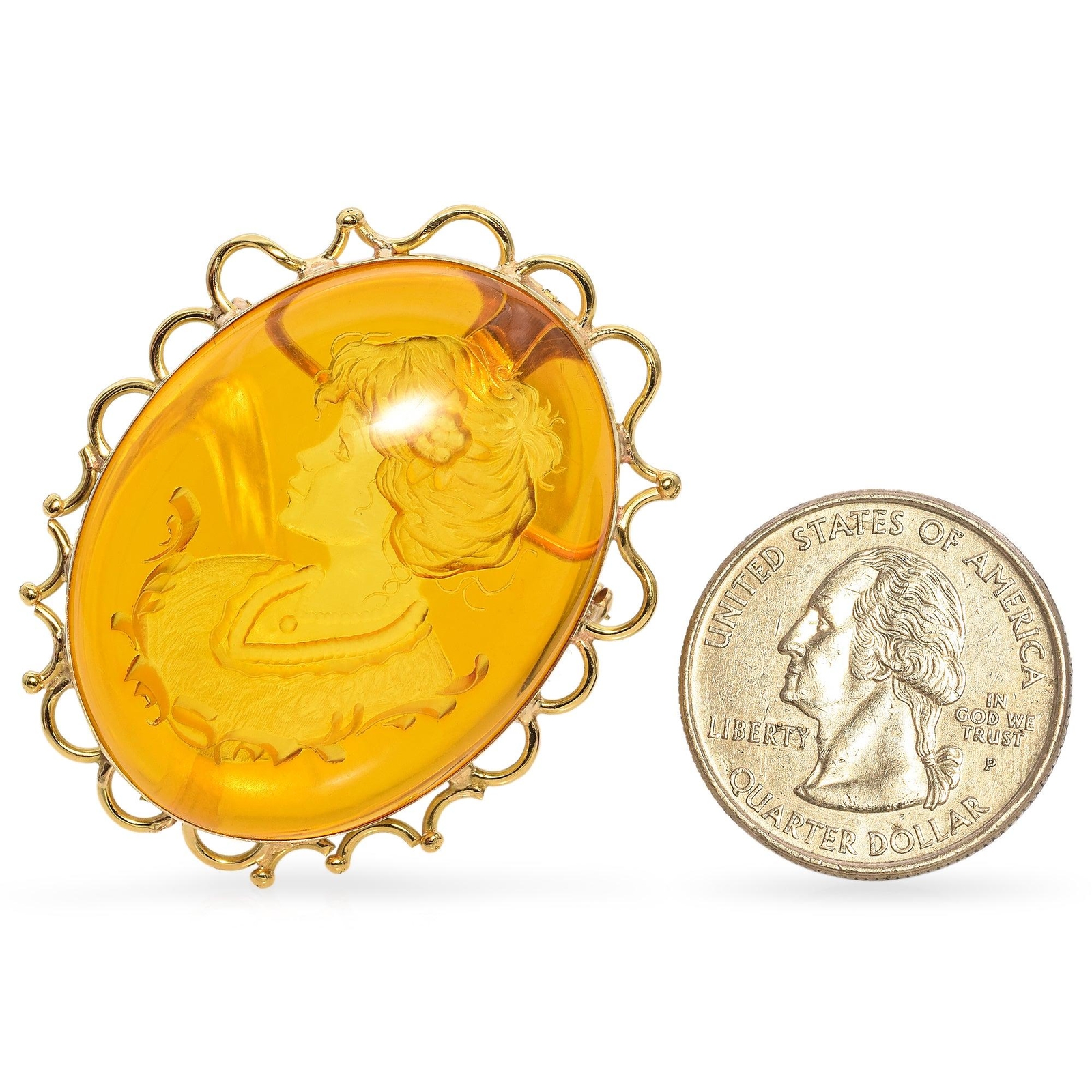Vintage 18K Yellow Gold Carved Woman Amber Intaglio Brooch Pendant