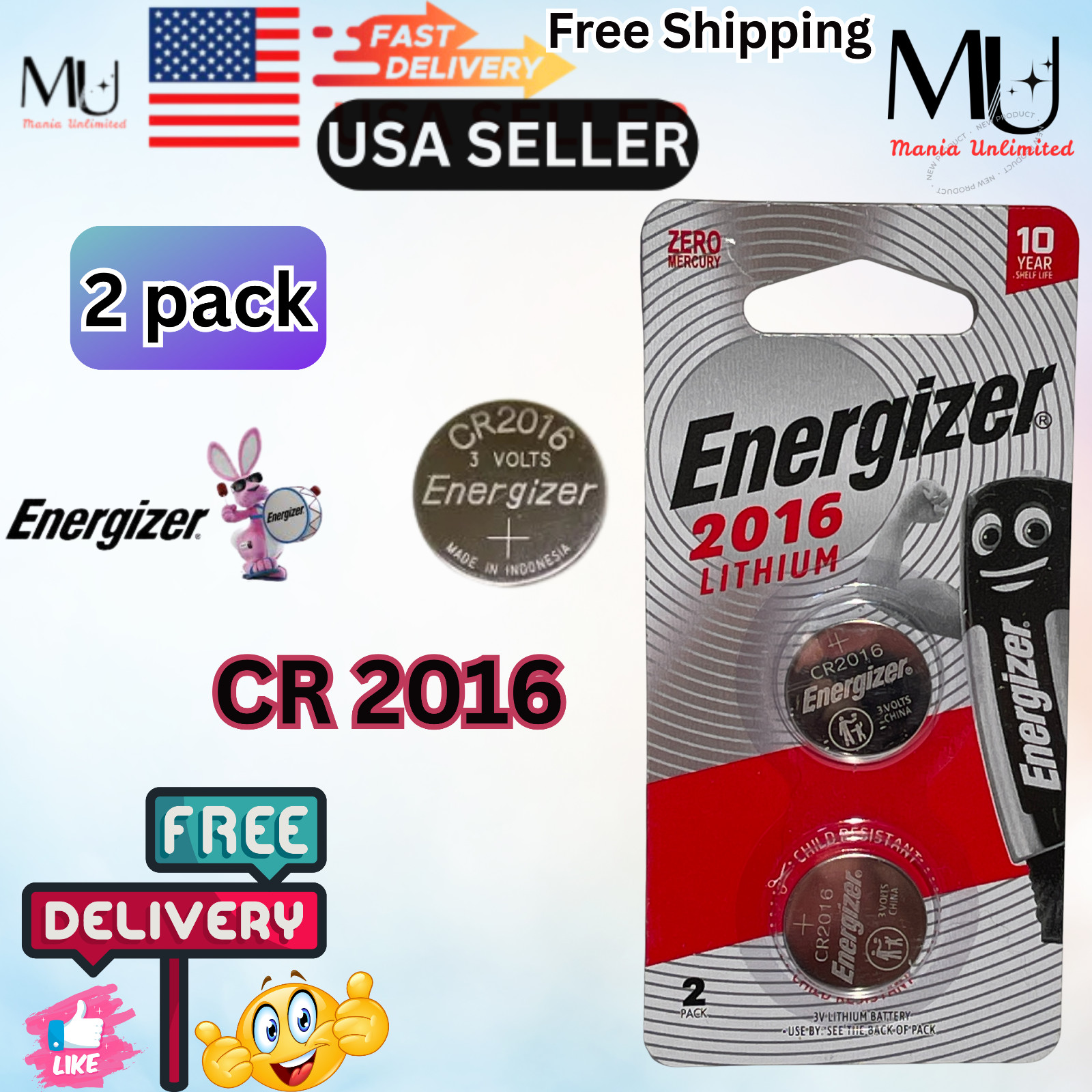 2 PACK ENERGIZER CR2016 ECR2016 Fresh Stock Lithium Battery Exp Date 2033+