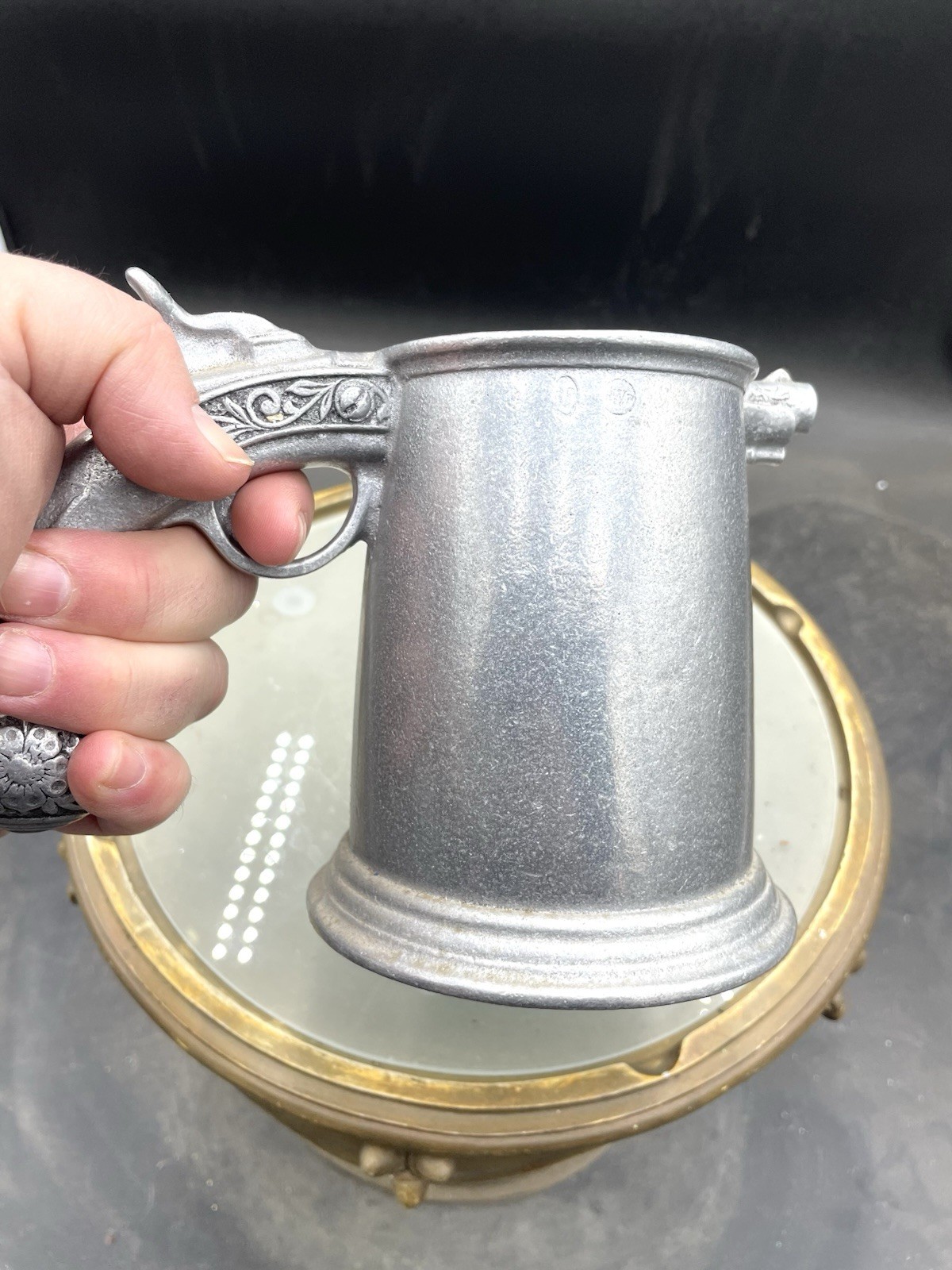 Vintage Beer Mug Tankard Stein Wilton Pewter Flintlock Pistol Gun Handle 7”x 5”