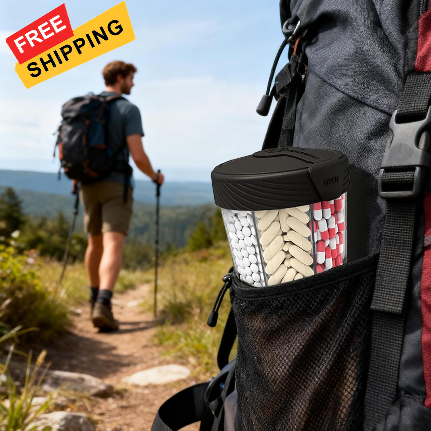 Large Pill Dispenser with 7 Compartments, Portable Bottle Black