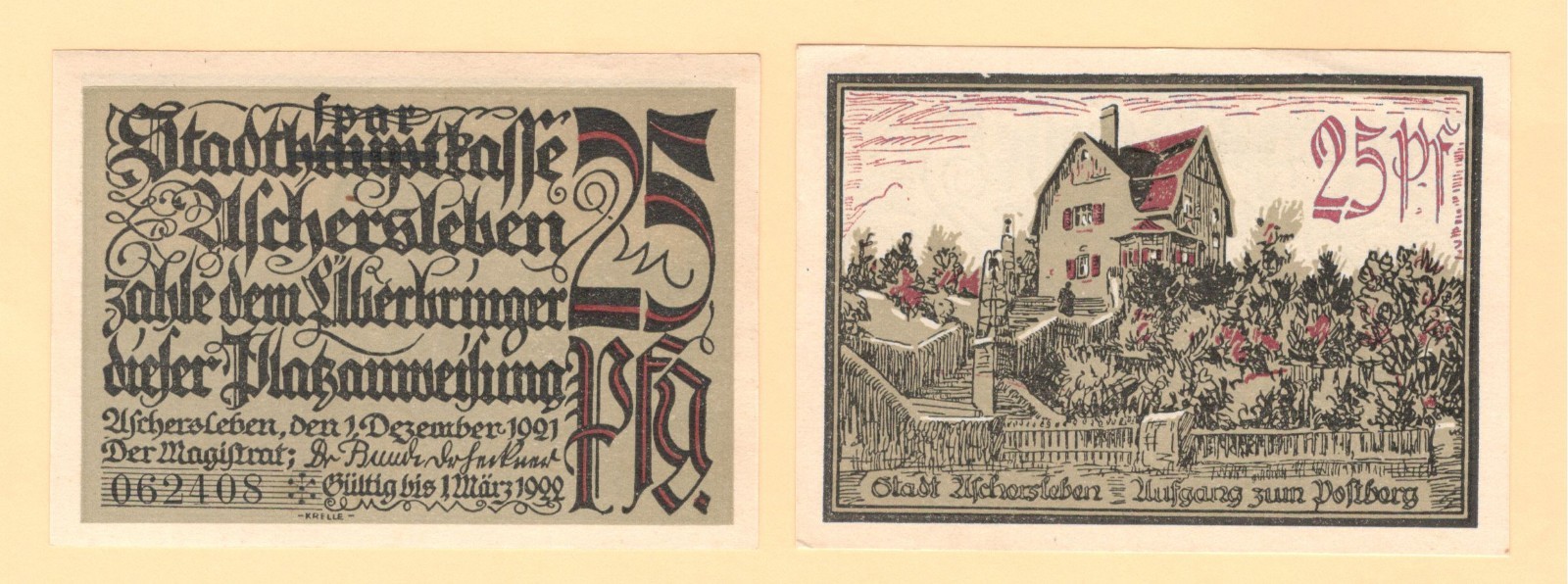 German Serienscheine Notgeld { Aschersleben 25 Pfg Postberg } L 48b / GrM 50.2