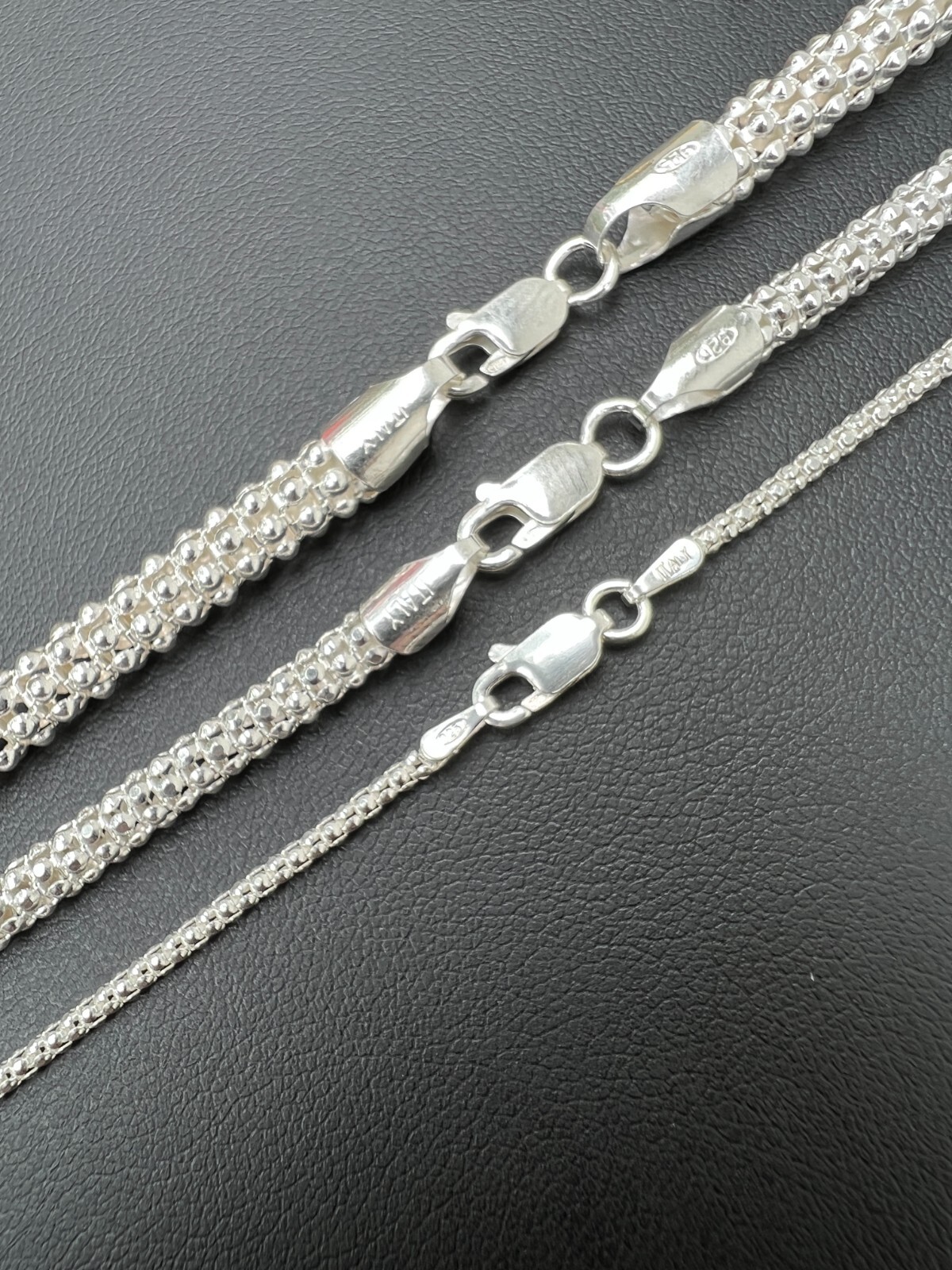 Real Solid 925 Sterling Silver Diamond Cut Popcorn Mesh Chain Necklace Coreana