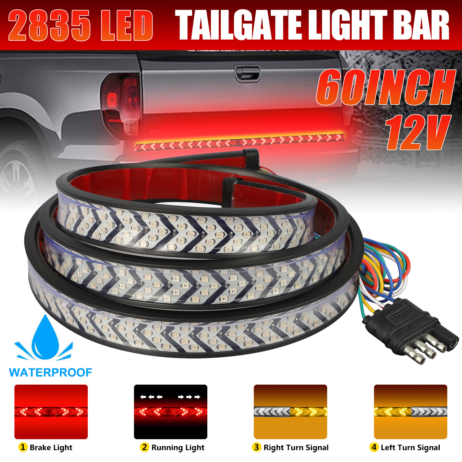 60" Inch Truck Tailgate LED Light Bar Brake Reverse Turn Signal Stop Tail Strip
