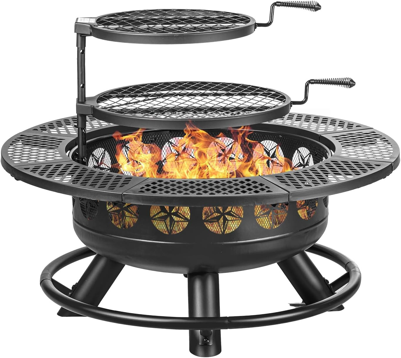 36 Inch Fire Pit with 2 Grills, Outdoor Wood Burning Firepit with Lid Metal Roun