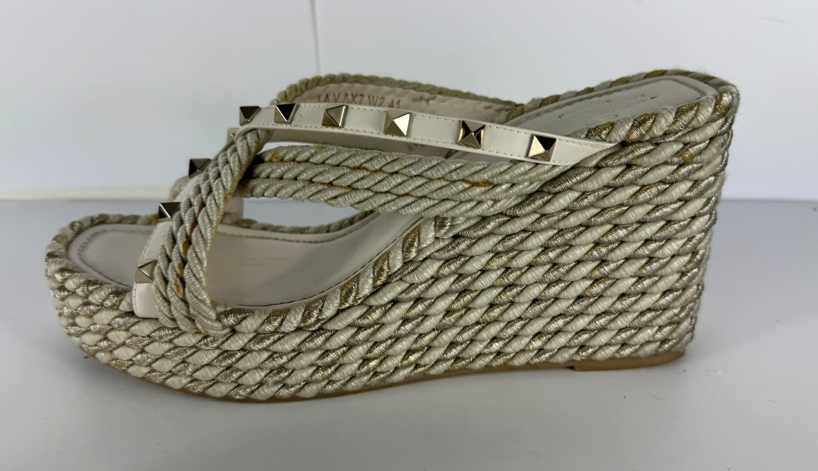 Valentino Rockstud Torchon Espadrille Ivory Striped Wedge Sandal EU 41 US 11