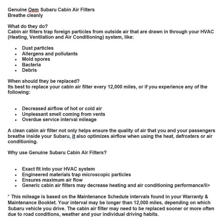 2017-2025 Subaru Cabin Air Filter GENUINE OEM PART 72880FL00A
