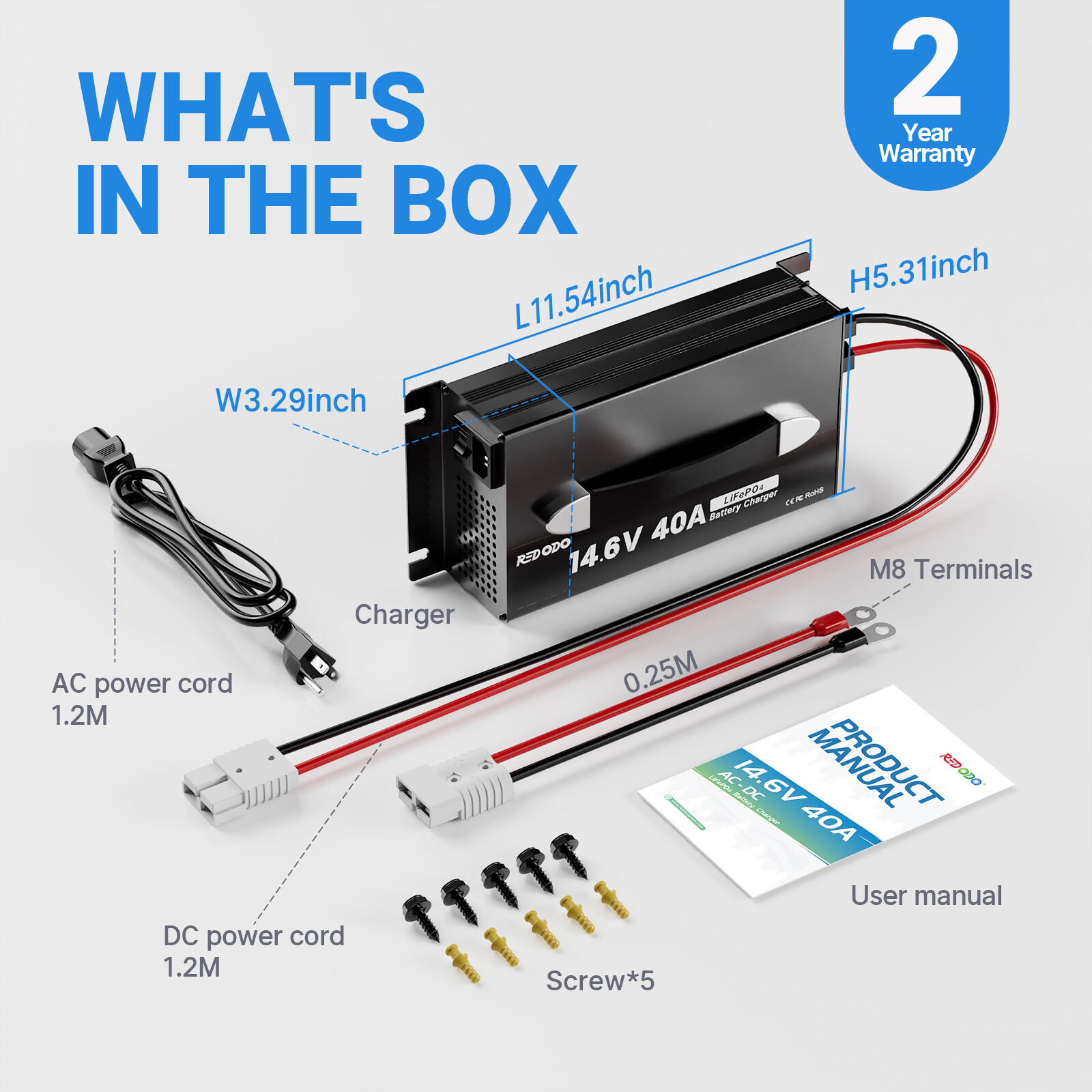 Redodo 14.6V 40A LiFePO4 Lithium Battery Charger with LED Display Upgrade Handle