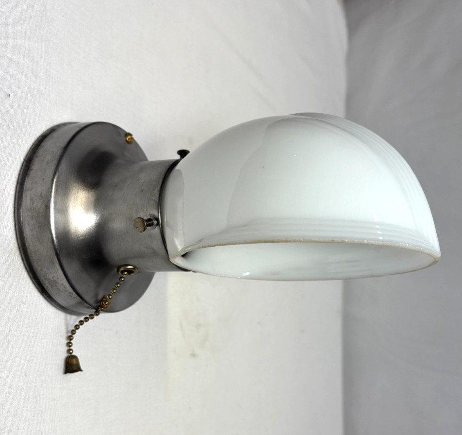 Vtg Wall Sconce Stamped Steel Metal MCM Light Fixture Art Glass Shade USA #M1