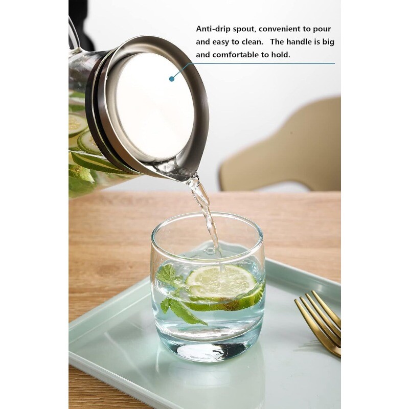 50oz/1500ml Glass Pitcher with Handle and Stainless Steel Silicone Filter Lid