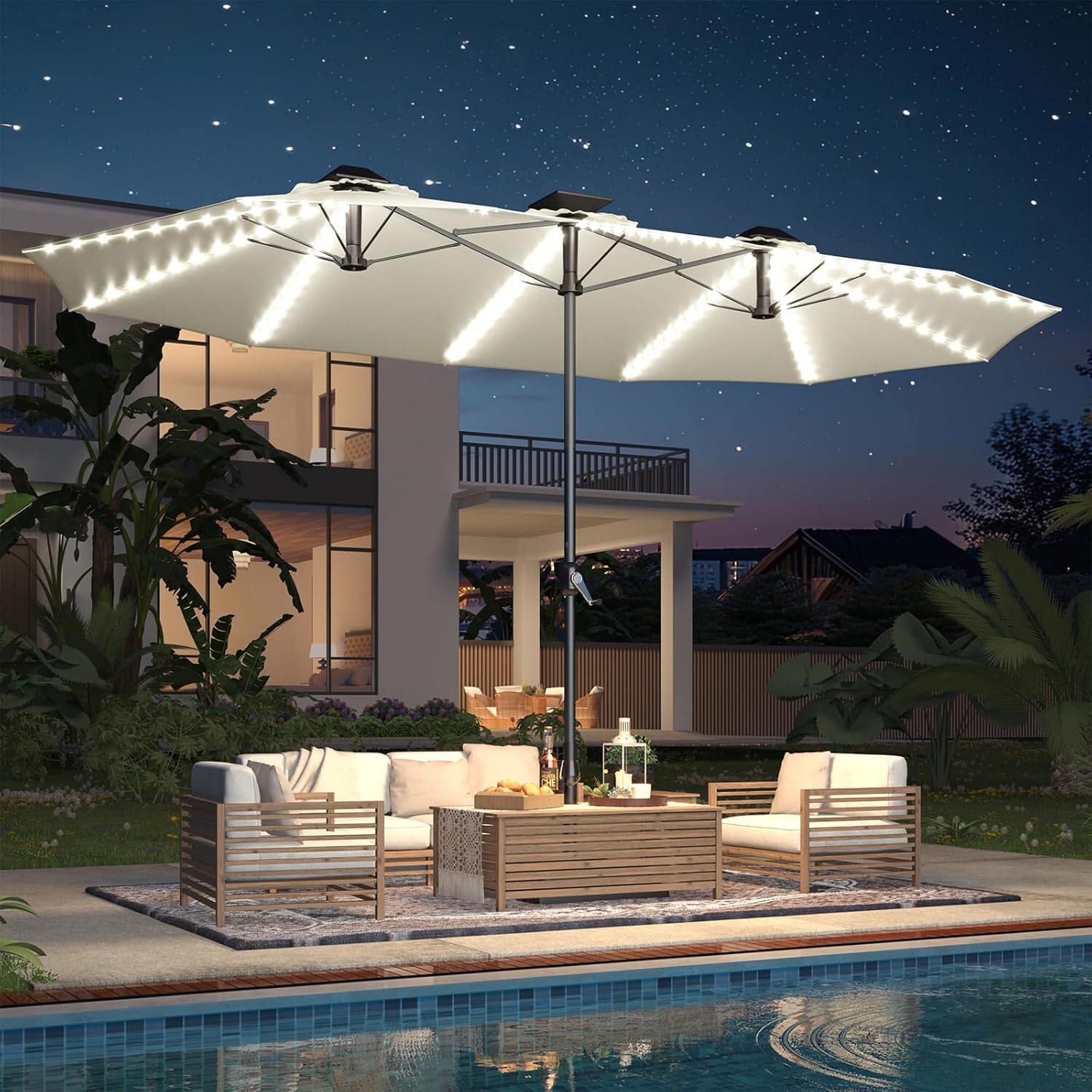Solar 15ft Double Sided Patio Umbrella with Crank Handle & Integrated LED Lights