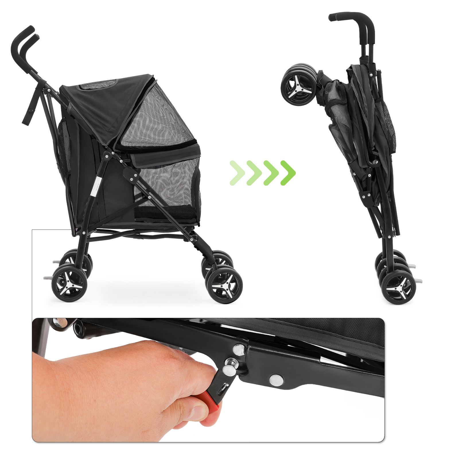 Folding 4-Wheels Dog Stroller Portable Adjustable Canopy Pet Travel Carrier Cart