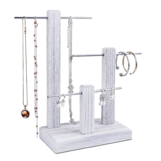 3 Tier Gray Stain Wooden T bar Bracelet Watch Chain Jewelry Display Stand