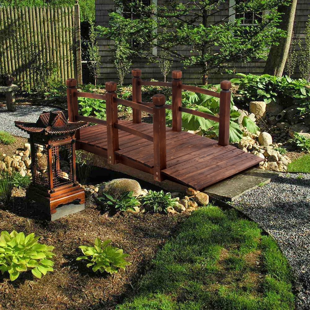 4.9' Wooden Bridge Stained Finish Decorative Solid Wood Garden Pond Arch Walkway