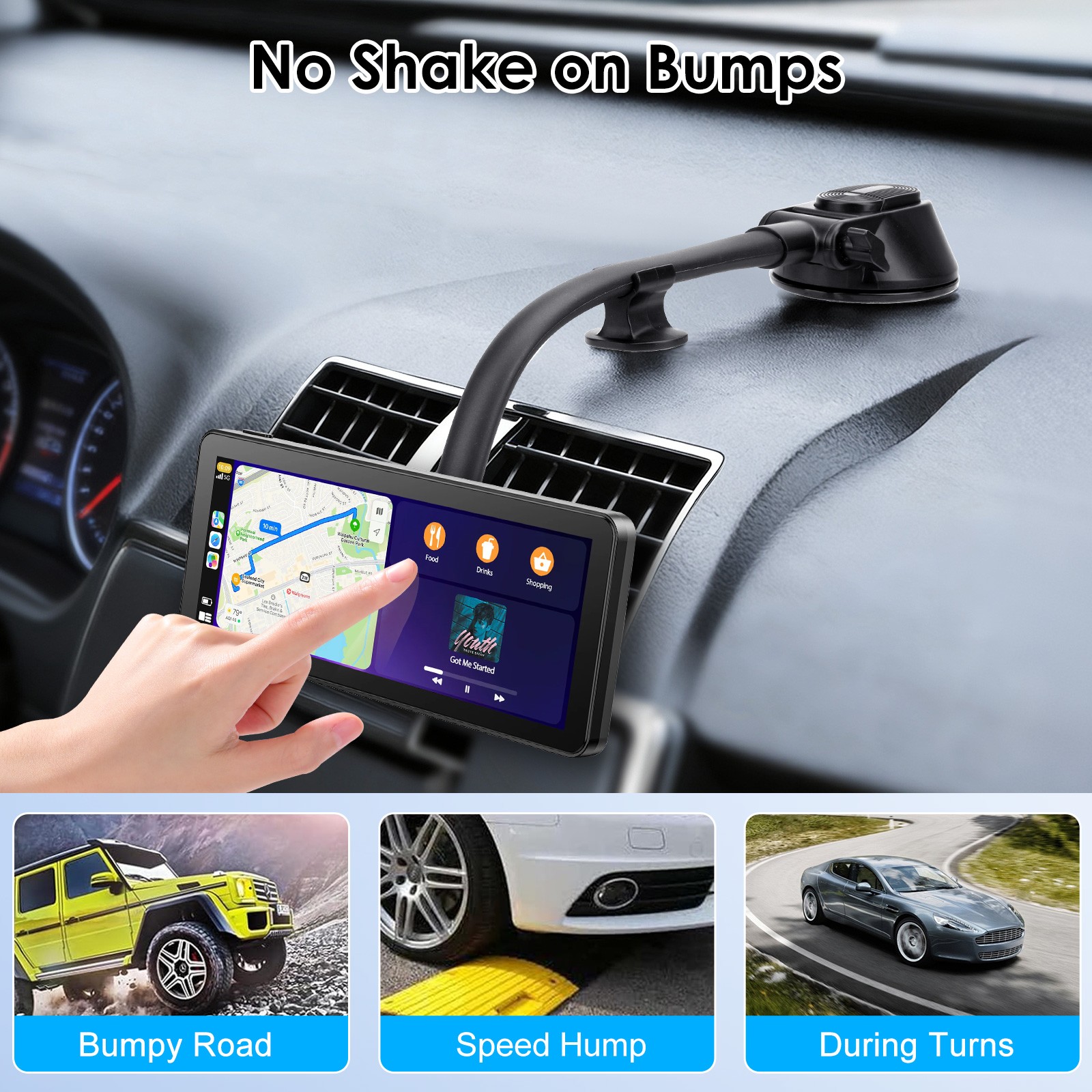 CarPlay Screen Mount Suction Cup Holder for 7–10.26"Car Monitors w/Gooseneck Arm