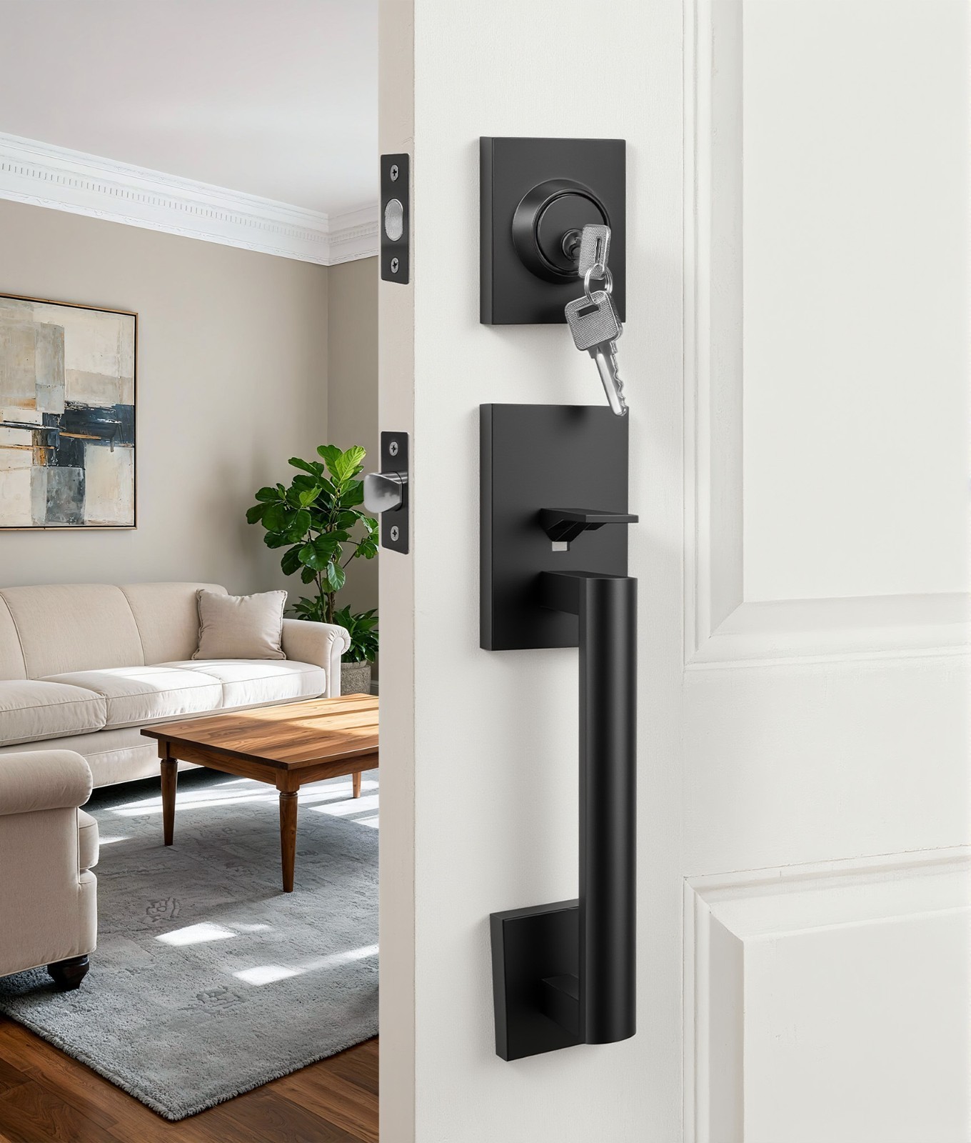 Exterior Door Handle with Deadbolt, Matte Black Front Door Lock Set, Reversible